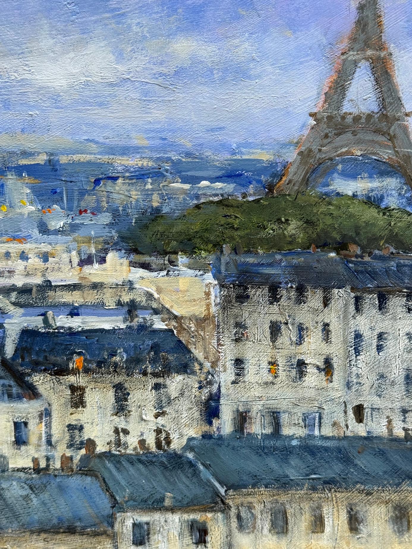 Vue de la ville impressionniste de Paris et de la Tour Eiffel et des toits - Gris Figurative Painting par Chalres Bertie Hall