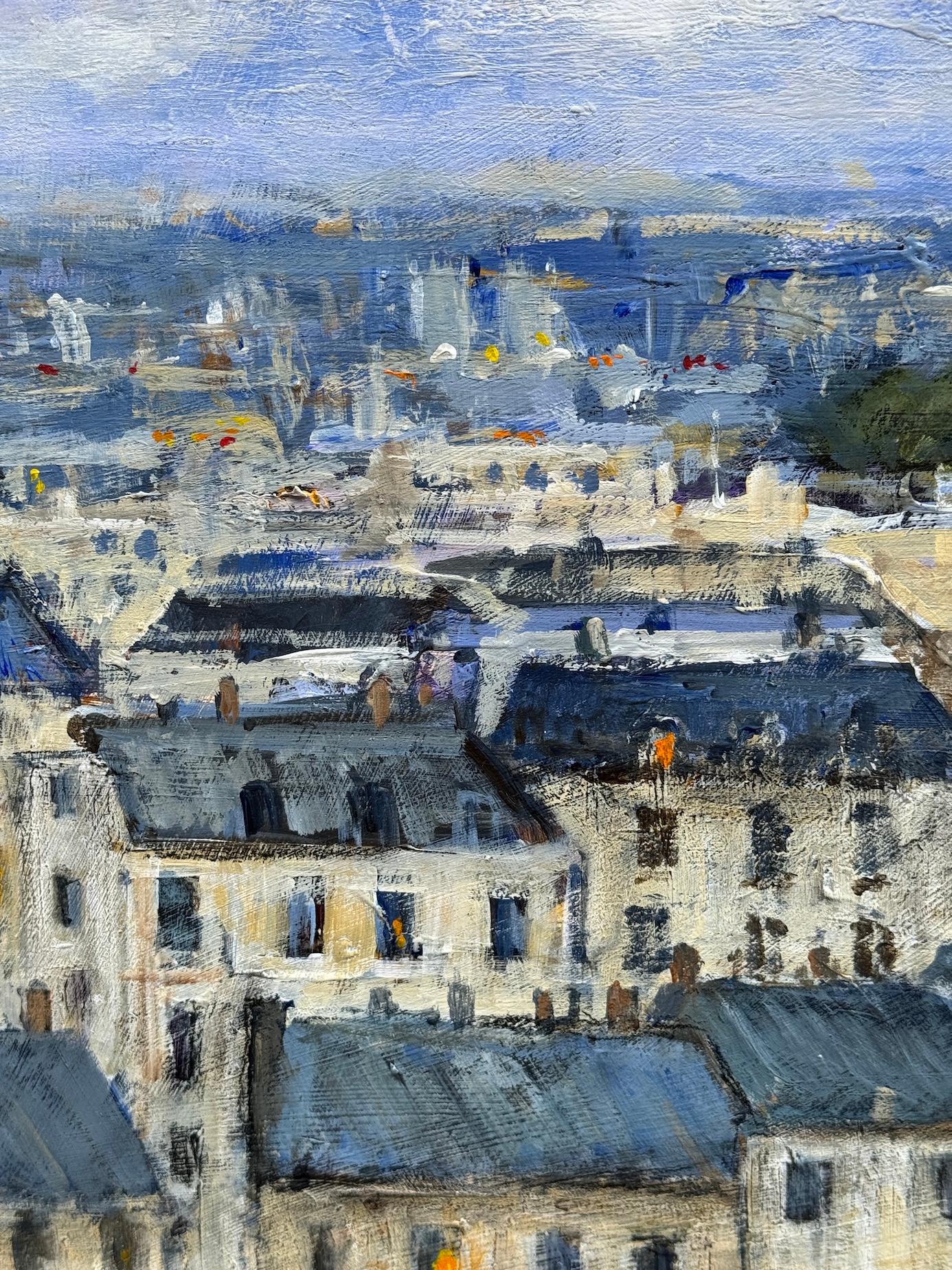 Charles Bertie Hall (anglo-américain, né en 1980)
Les toits de Paris avec la Tour Eiffel, vers les années 2020
Huile sur planche.

Baignée d'une douce lumière lavande sous un ciel inondé de délicats coups de pinceau, cette vue de Paris par Charles