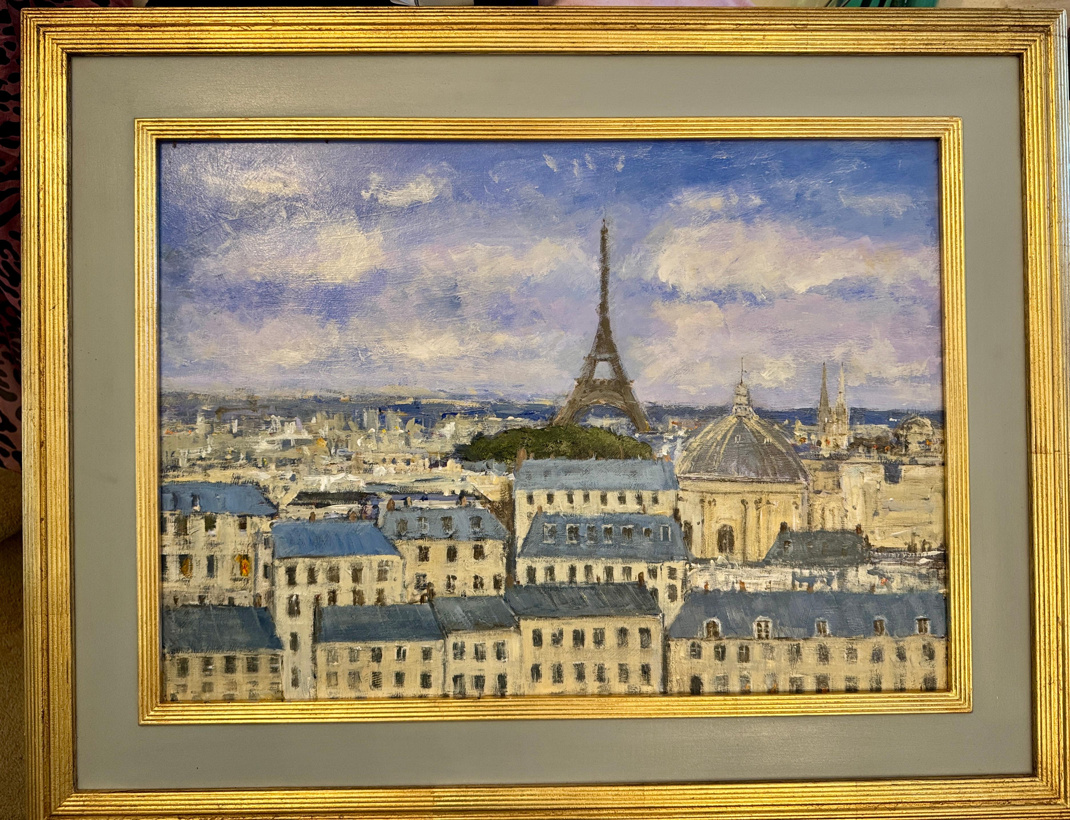 Impressionist City landscape view of Paris and the Eiffel Tower and the rooftops