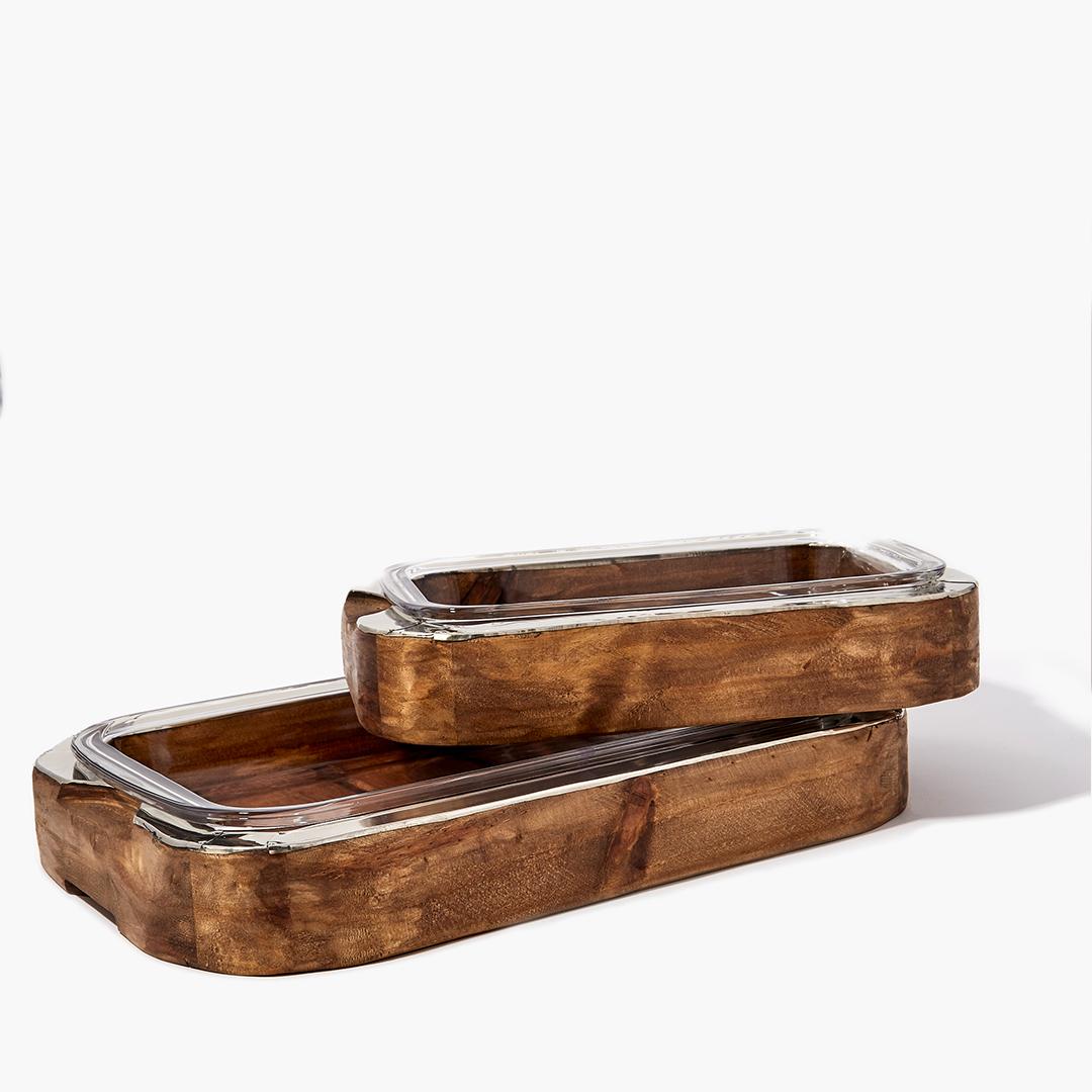 Hand-Crafted Chalten Extra Large Rectangular Wood & Alpaca Silver Oven Tray For Sale