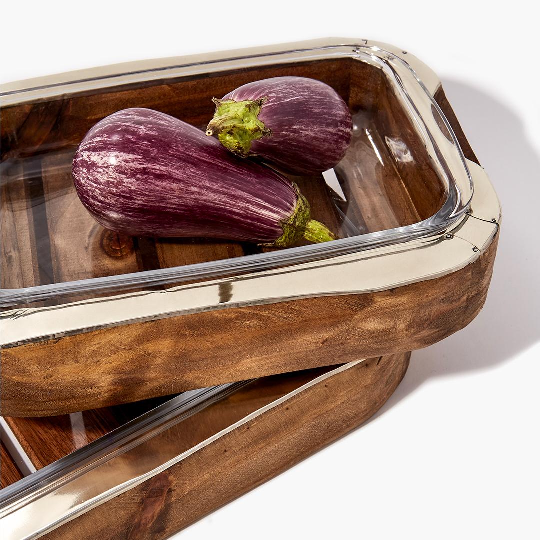 Chalten Bandeja rectangular grande para horno de madera y alpaca plateada Argentino en venta