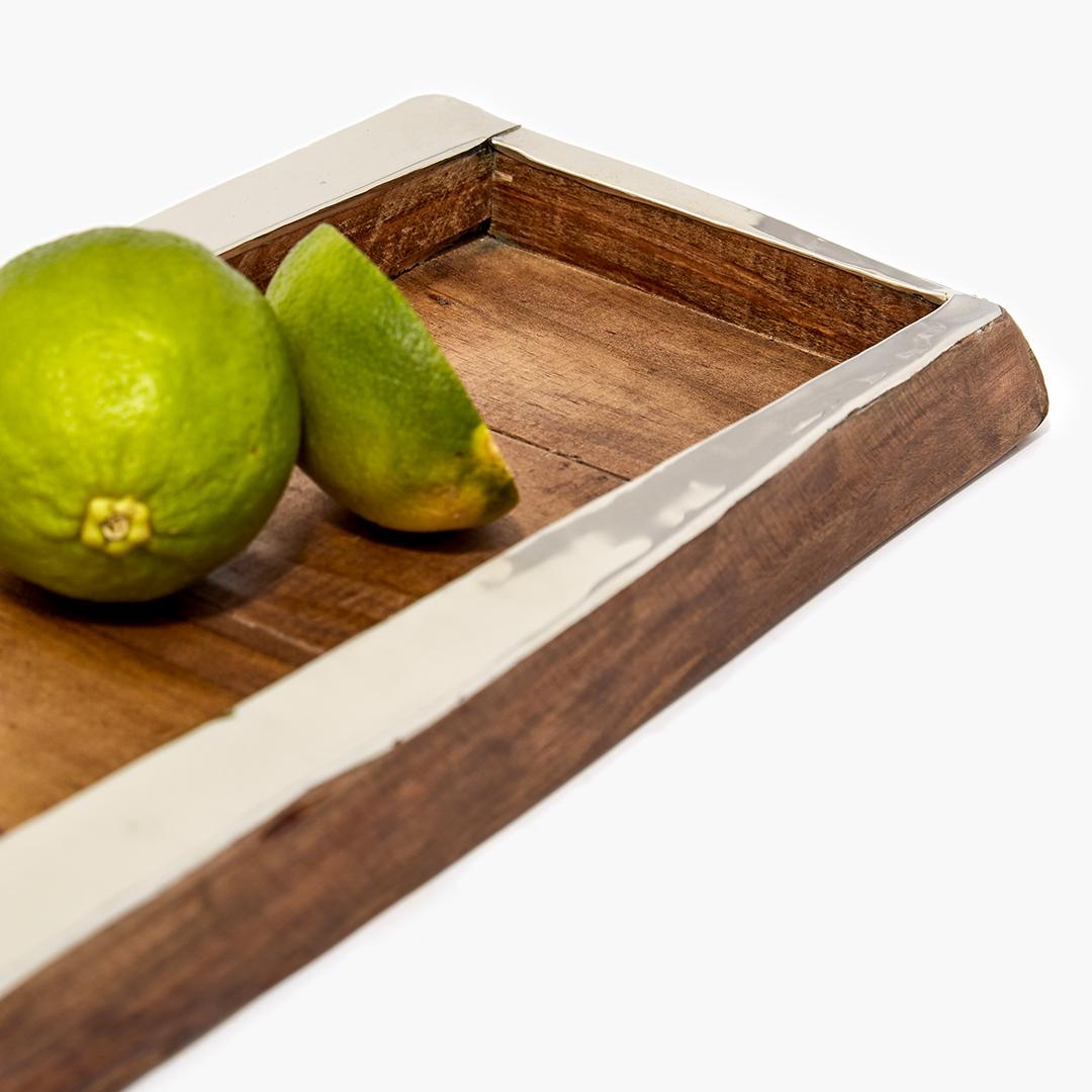Organic Modern Chalten Mini Large Wood & Alpaca Silver Rectangular Tray For Sale