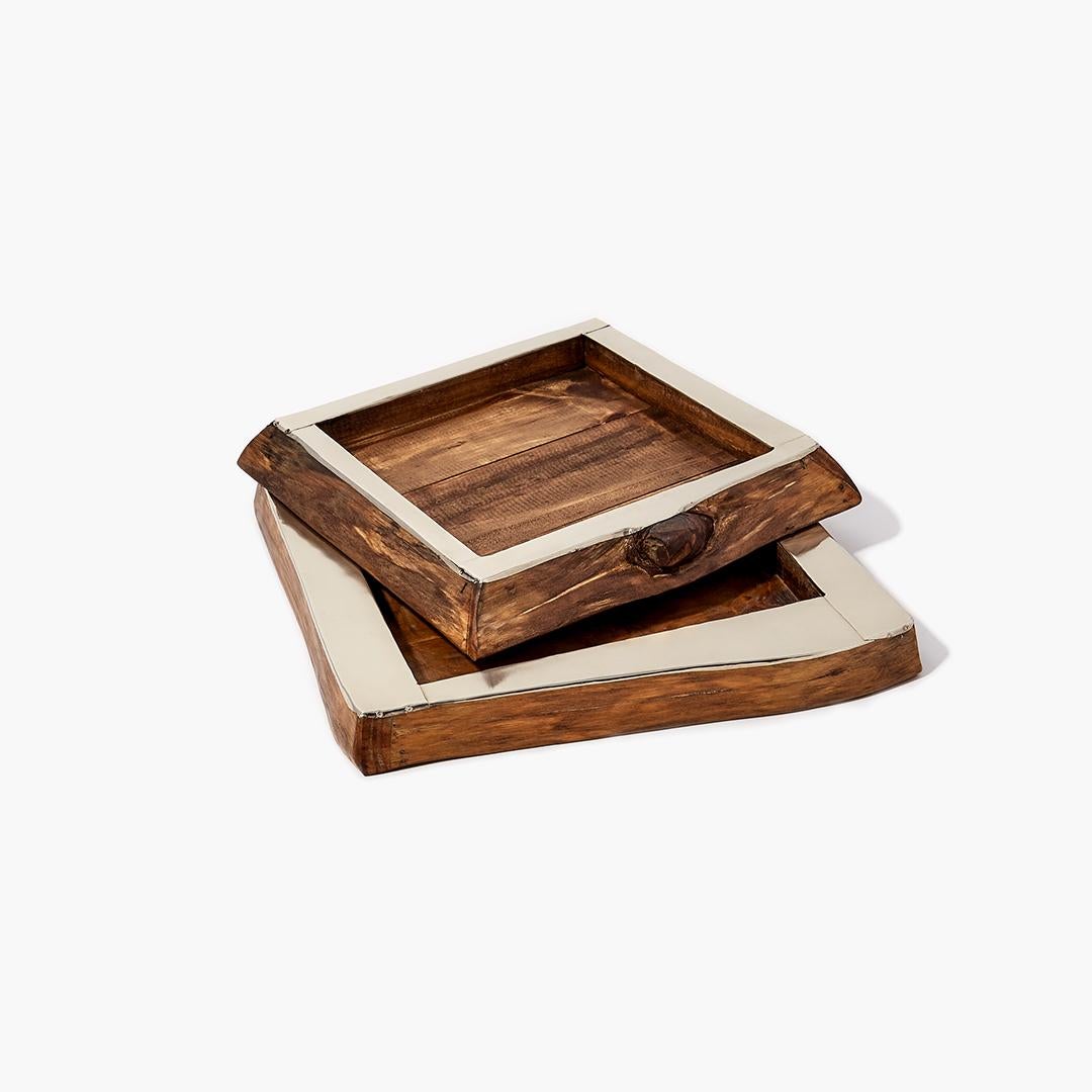 Argentin Mini plateau carré moyen Chalten en bois et alpaga argenté en vente