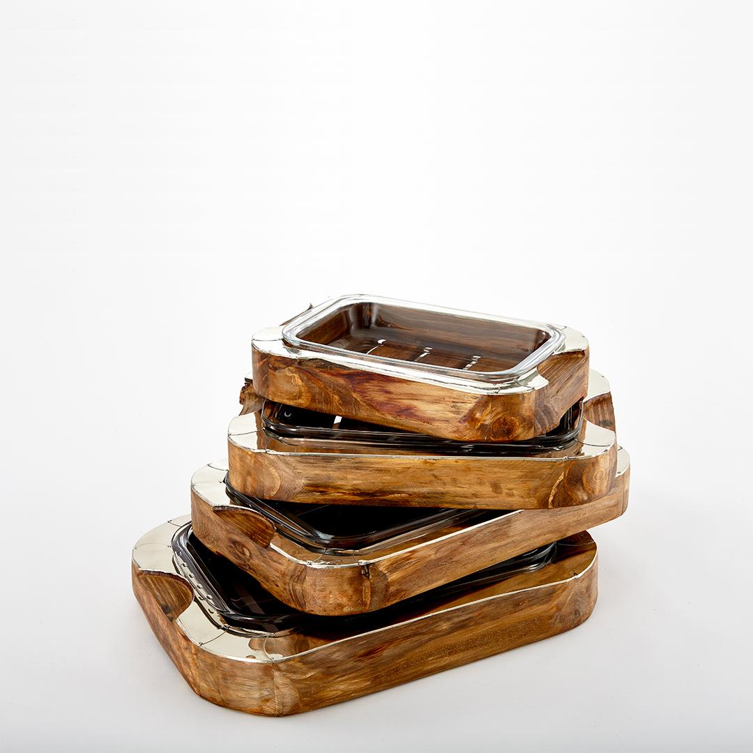 Hand-Crafted Chalten Small and Large Rectangular Wood & Alpaca Silver Oven Trays For Sale