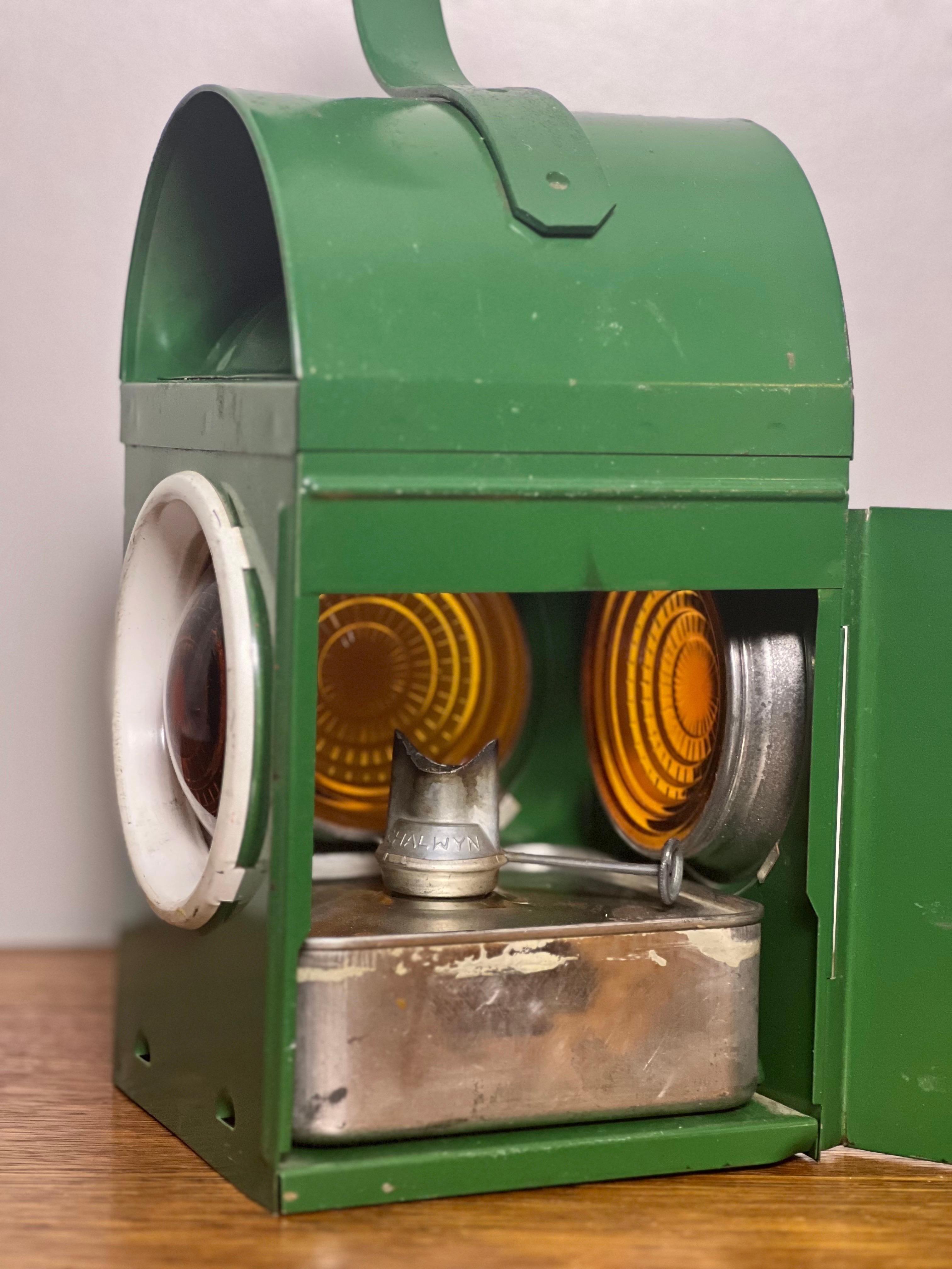 Glass Chalwyn Green Railroad Kerosene Signal Lantern with Burner, England For Sale