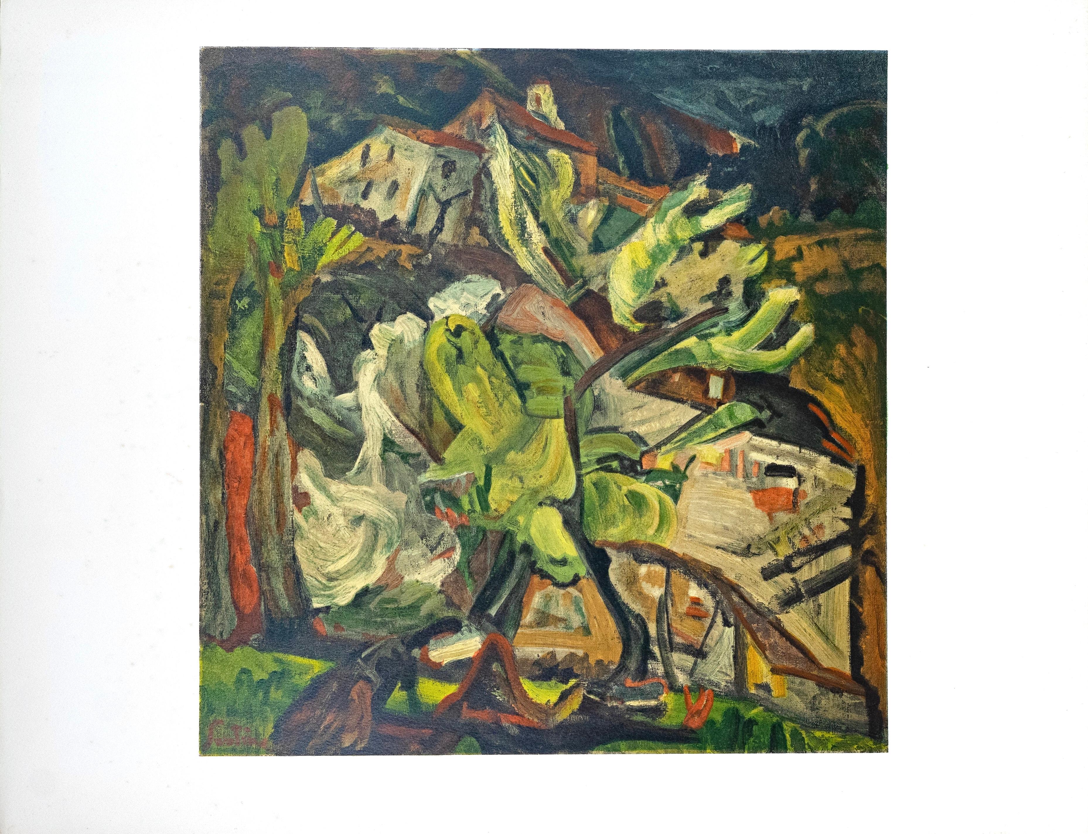 Cette exquise lithographie d'après Chaim Soutine (1893-1943), intitulée Paysage a Cagnes, tirée de l'in-folio Soutine, I, Collection Pierre Levy, 1966, provient de l'édition publiée par Fernand Mourlot, Paris, et imprimée par Mourlot Frères, Paris,