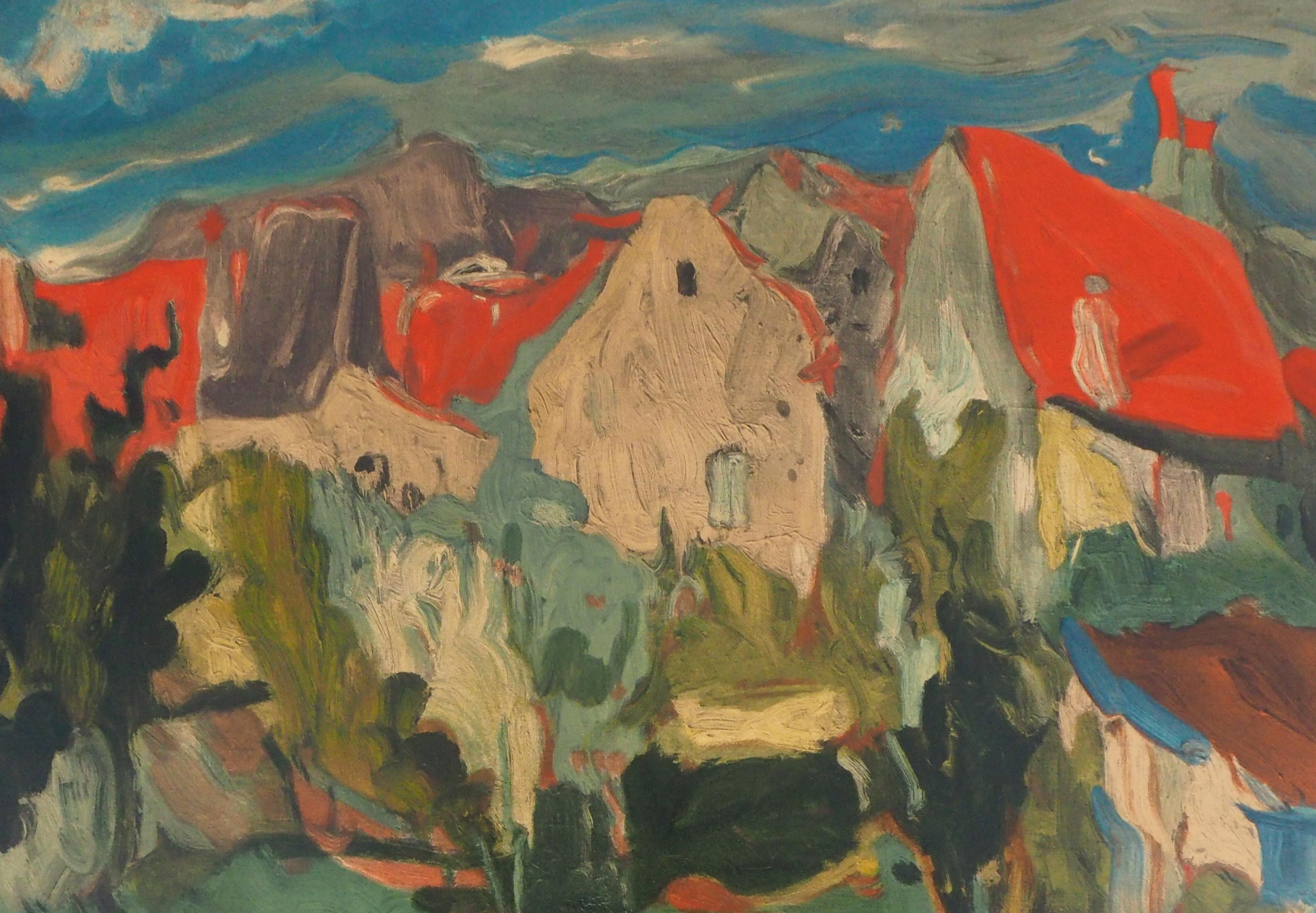 French Riviera : View of Cagnes - Lithograph, Mourlot - Black Landscape Print by Chaïm Soutine