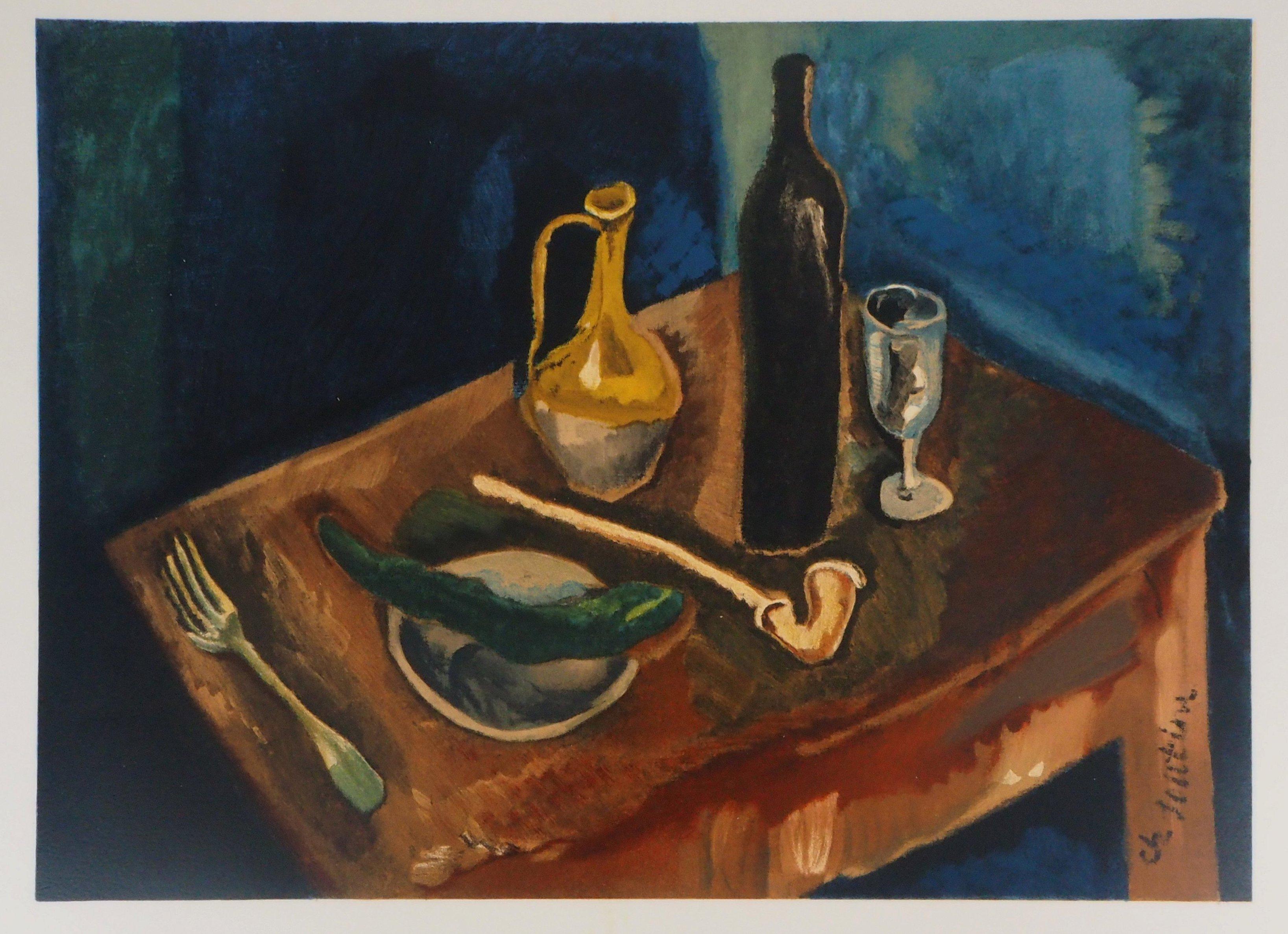 Table with a Pipe and a Bottle - Lithograph, Mourlot - Print by Chaïm Soutine