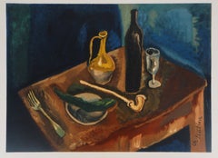 Tavolo con pipa e bottiglia - Litografia, Mourlot