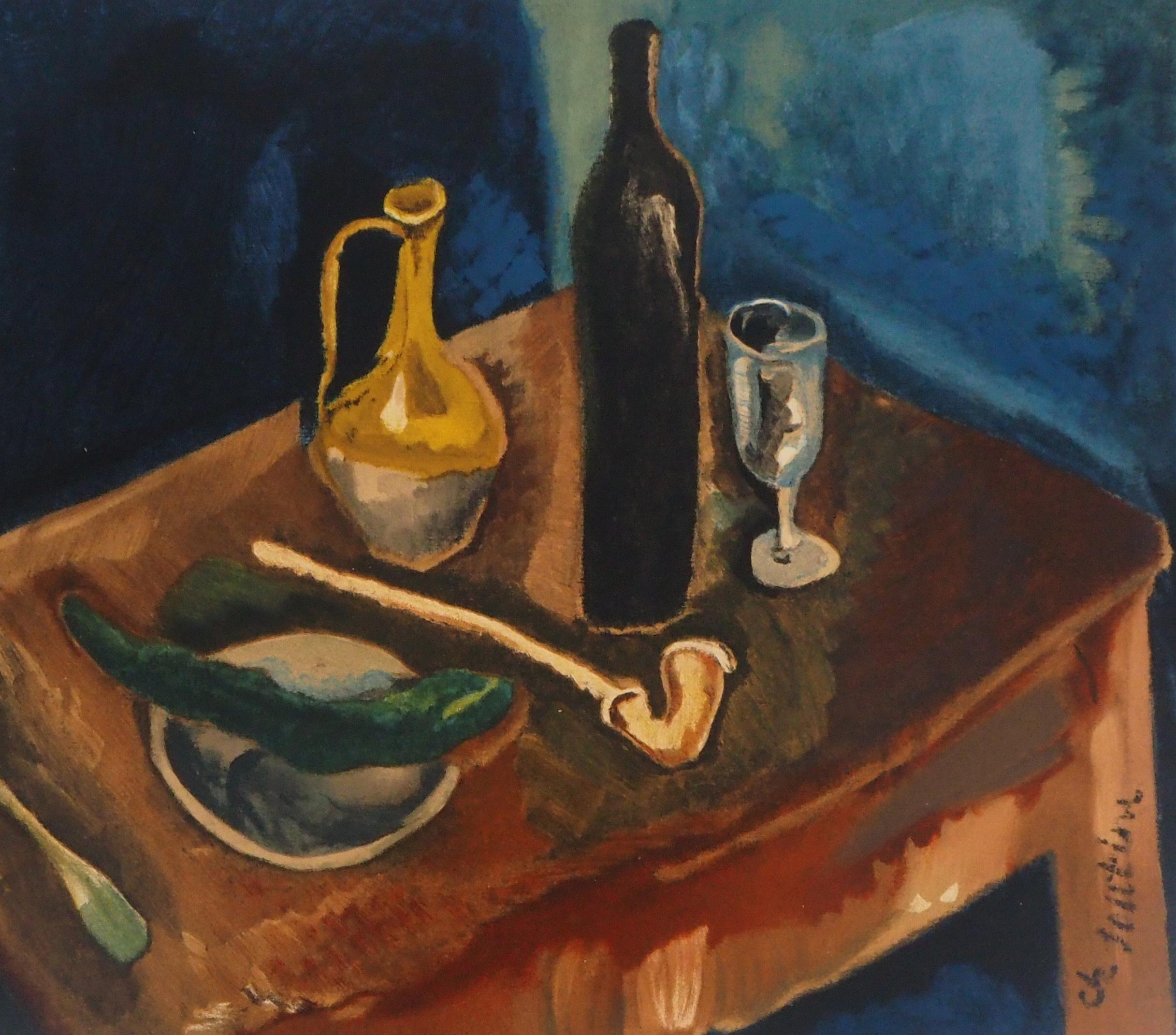 Table with a Pipe and a Bottle - Lithograph, Mourlot - Black Still-Life Print by Chaïm Soutine