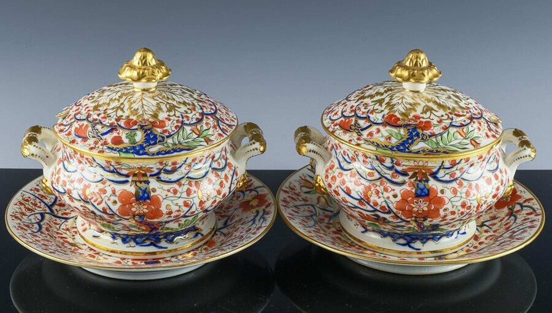 Chamberlain Worcester Porcelain Pair of Sauce Tureens, Covers and Stands,
Tree of Life Pattern,
Circa 1818-22.

The Chamberlain Worcester porcelain circular sauce tureens, covers, and stands are painted in an ornate and colorful pattern known as the