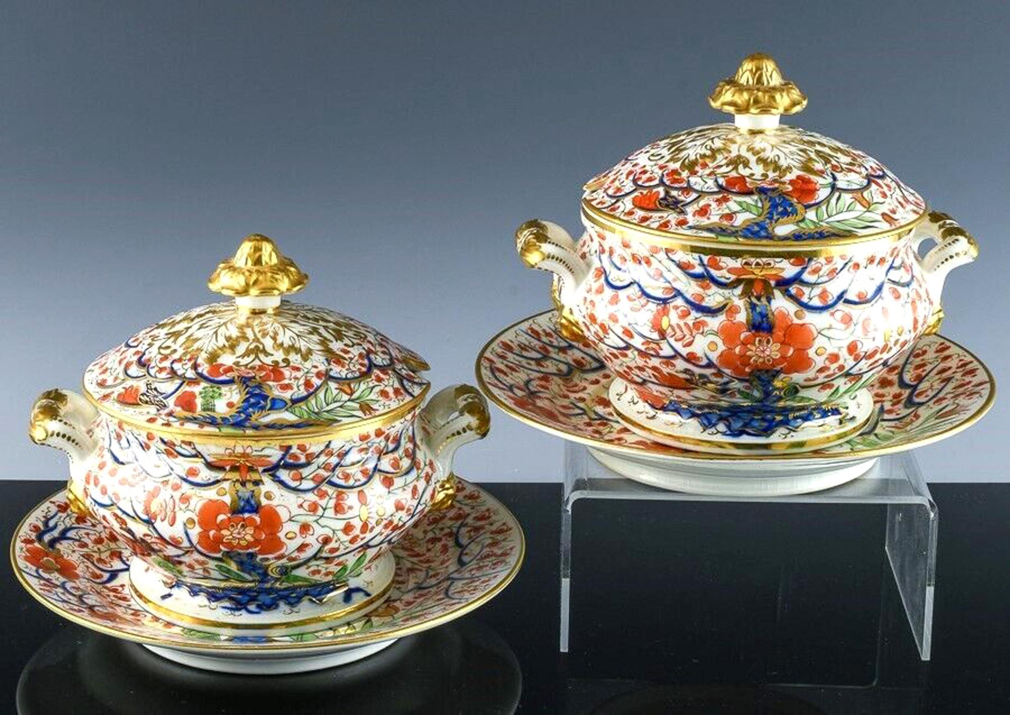 Regency Chamberlain Worcester Porcelain Pair of Sauce Tureens and Stands-Tree of Life For Sale