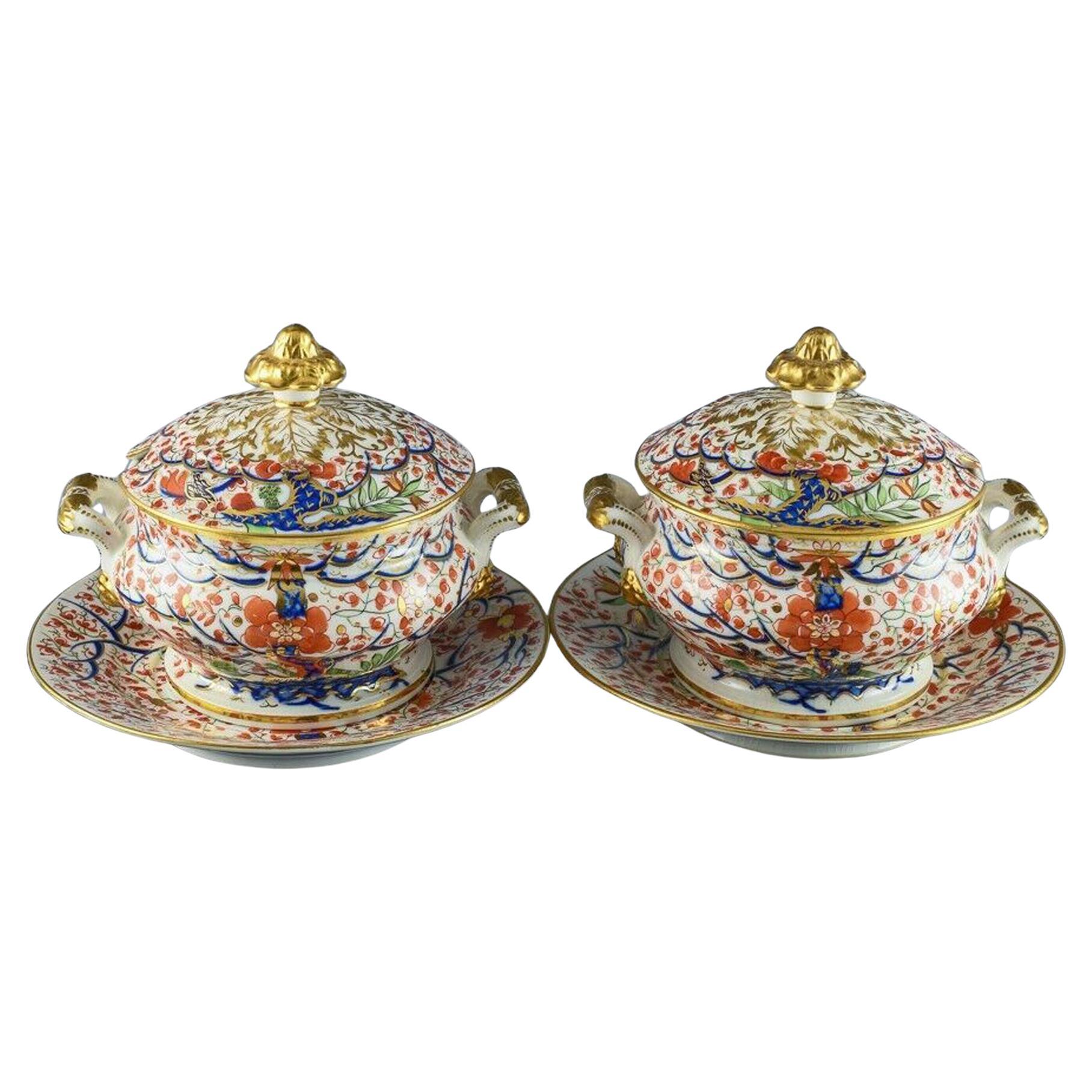 Chamberlain Worcester Porcelain Pair of Sauce Tureens and Stands-Tree of Life For Sale