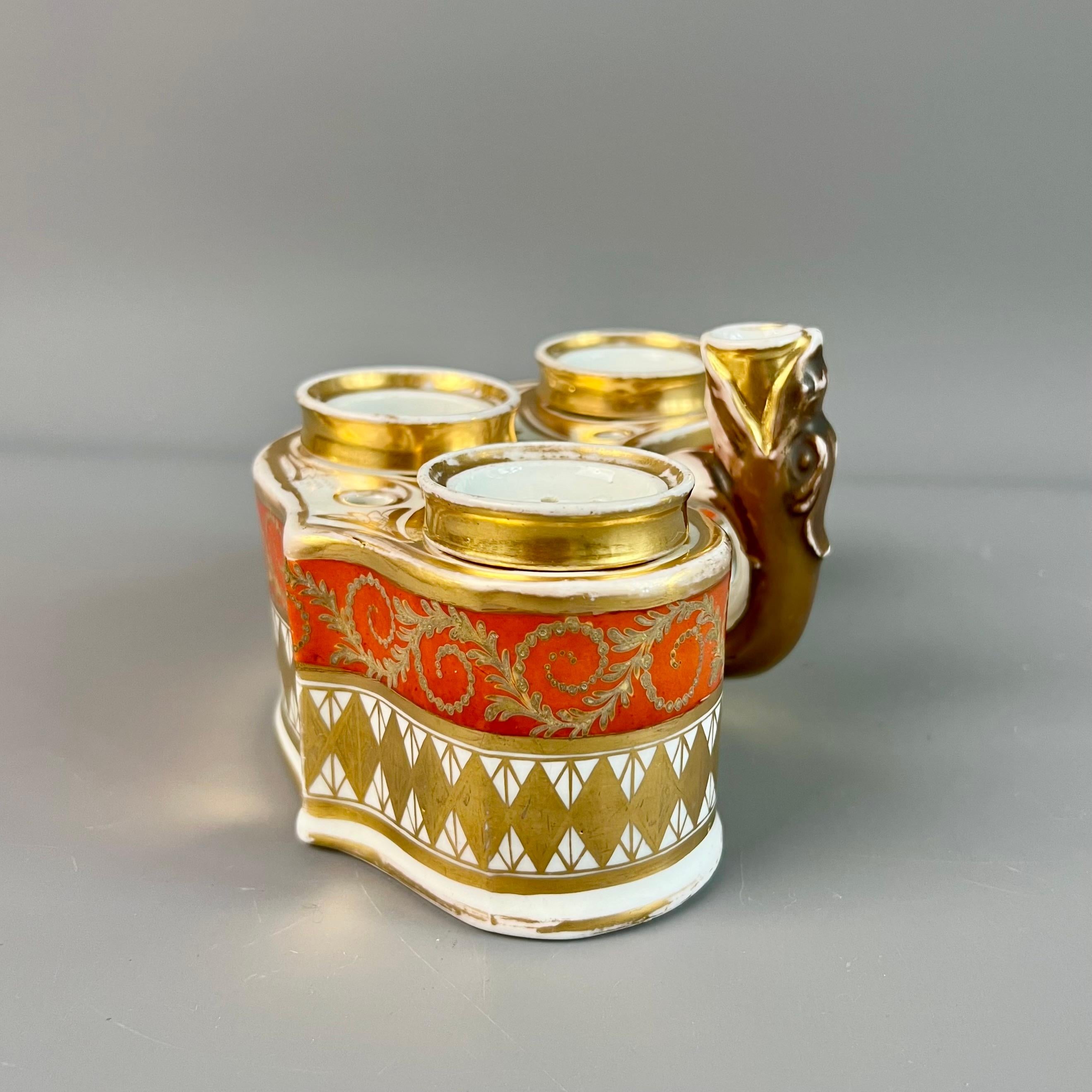 Regency Chamberlains Worcester Ink Stand Writing Set, Orange, Gilt Neoclassical, ca 1810 For Sale