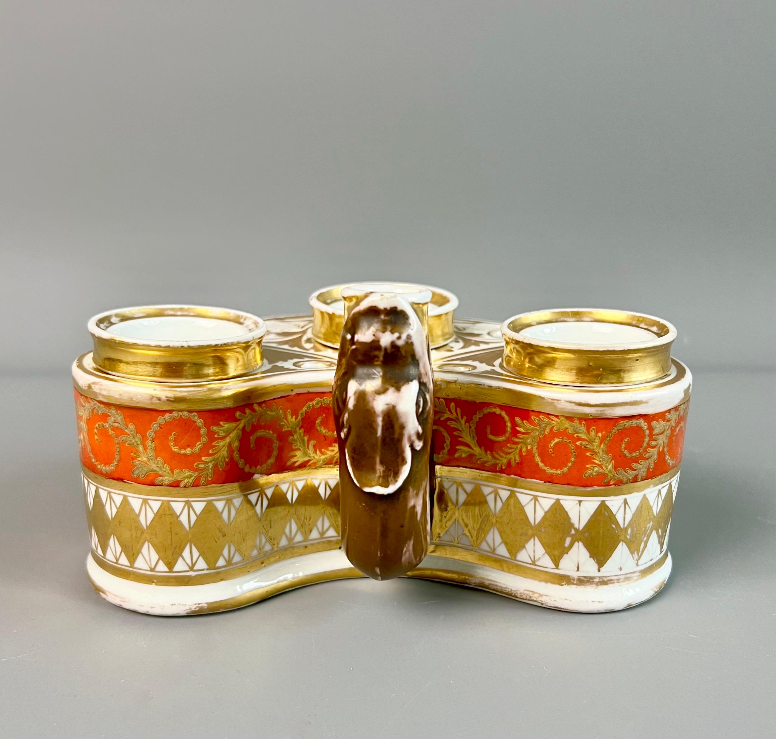 English Chamberlains Worcester Ink Stand Writing Set, Orange, Gilt Neoclassical, ca 1810 For Sale