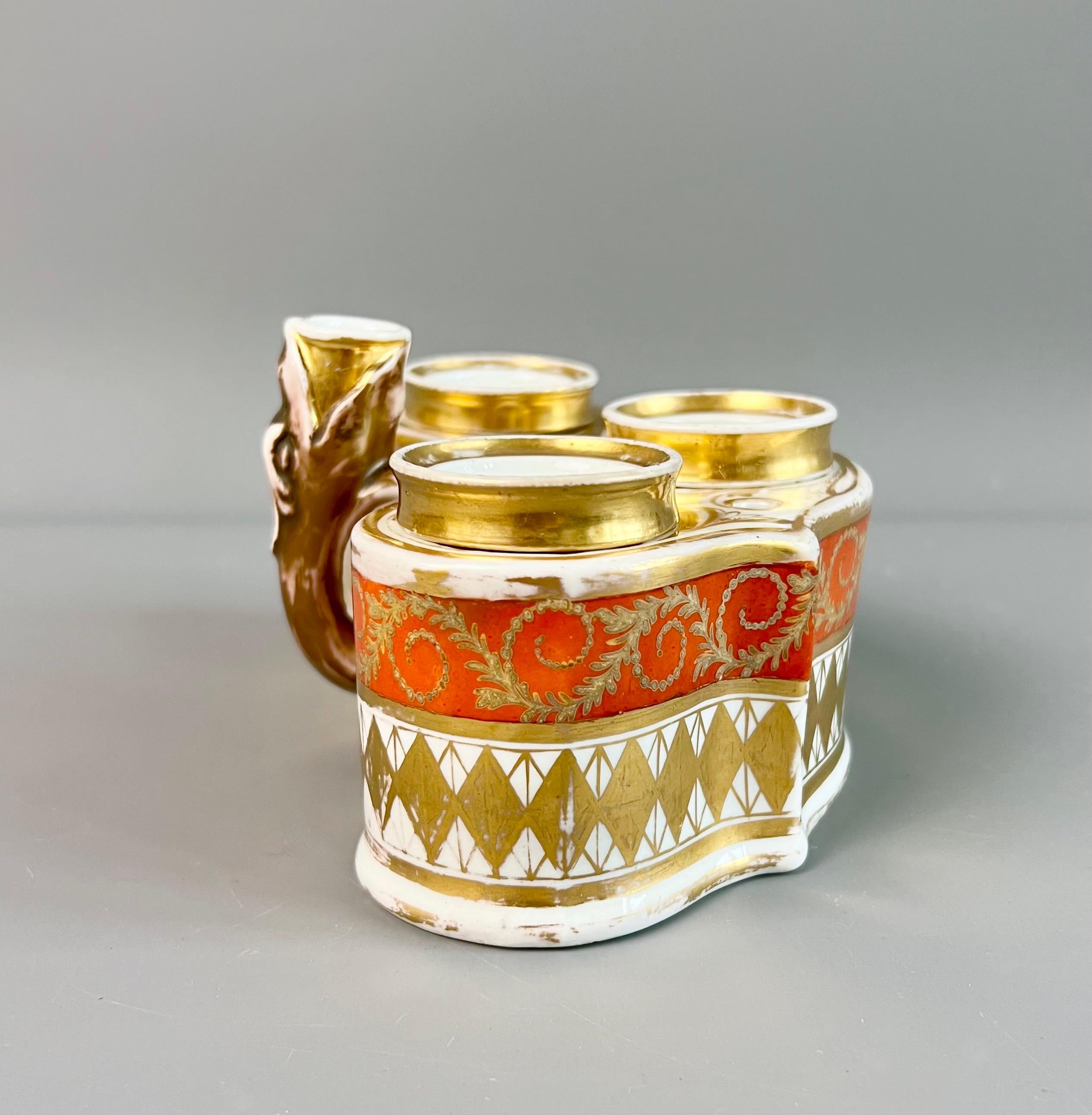 Hand-Painted Chamberlains Worcester Ink Stand Writing Set, Orange, Gilt Neoclassical, ca 1810 For Sale