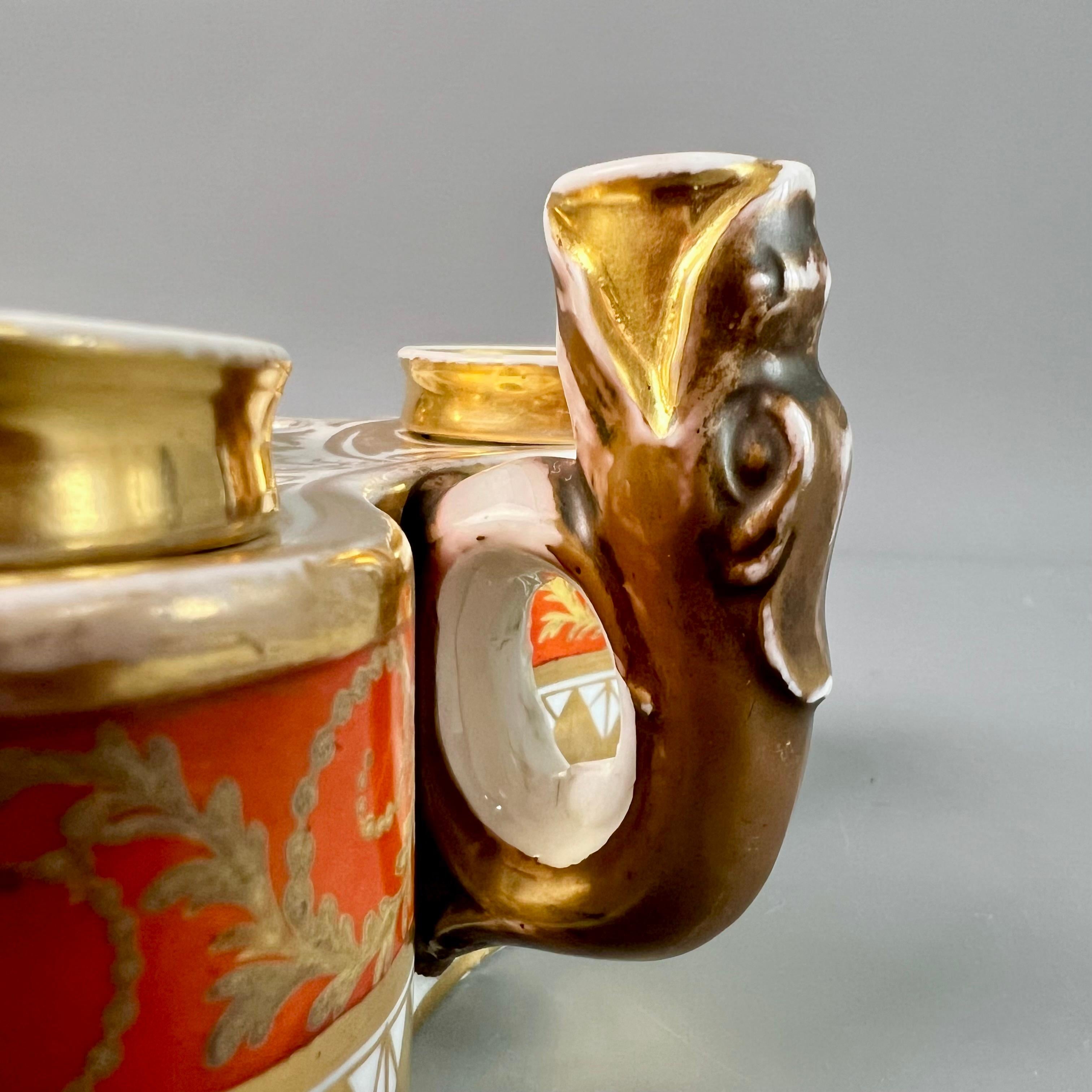 Early 19th Century Chamberlains Worcester Ink Stand Writing Set, Orange, Gilt Neoclassical, ca 1810 For Sale