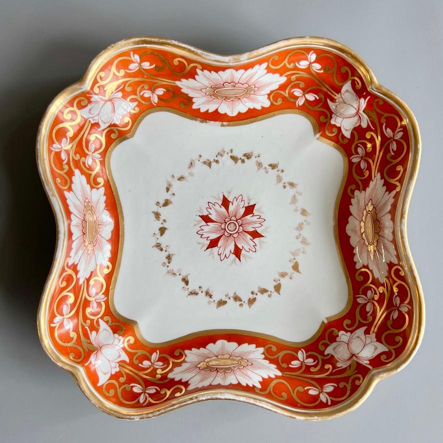 Hand-Painted Chamberlains Worcester Pair of Dishes, Orange and Gilt Floral Border, ca 1810