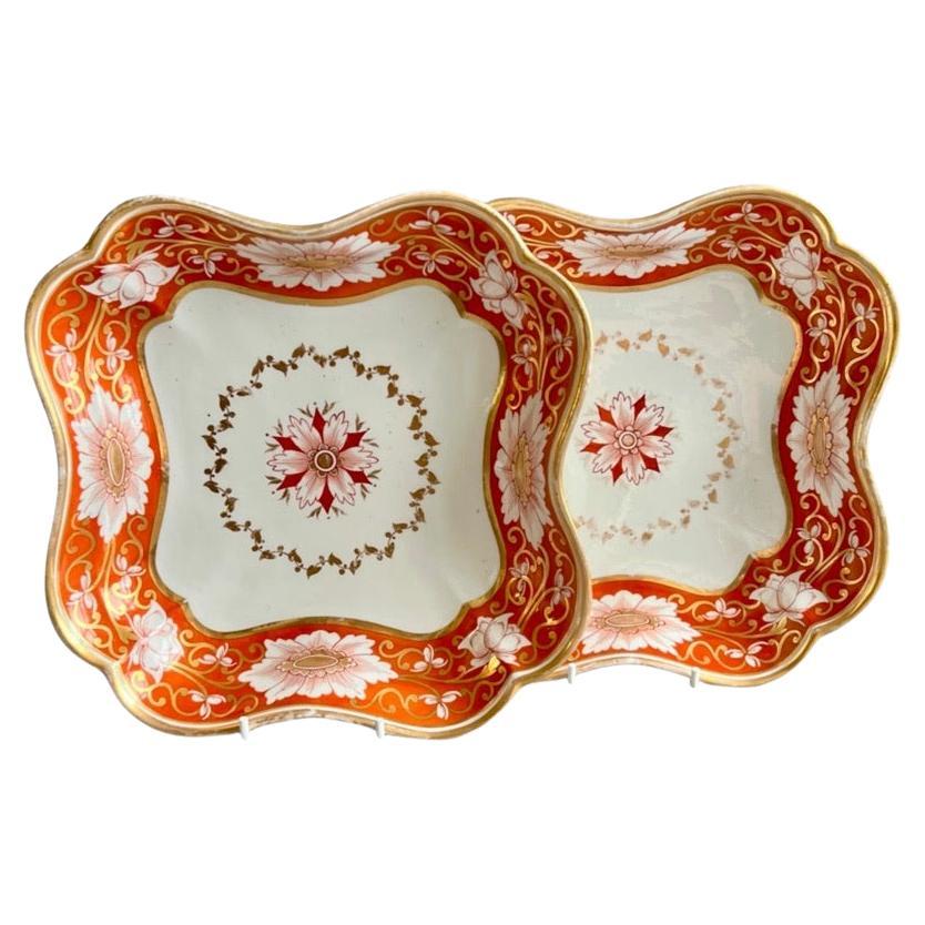 Chamberlains Worcester Pair of Dishes, Orange and Gilt Floral Border, ca 1810 For Sale