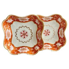 Antique Chamberlains Worcester Pair of Dishes, Orange and Gilt Floral Border, ca 1810