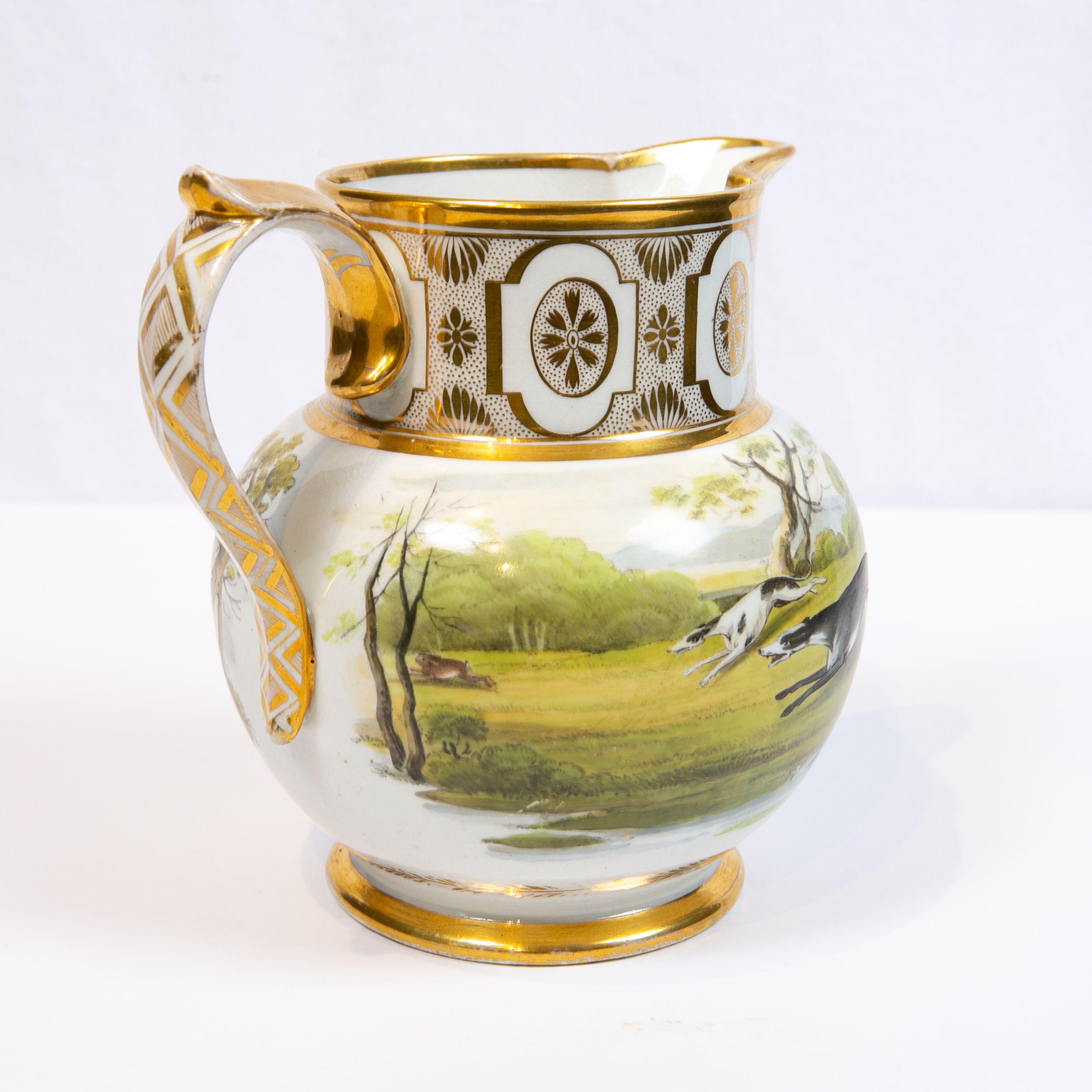  Antique Porcelain Pitcher Showing Hand Painted Hunt Scene England Circa 1825 In Excellent Condition In Katonah, NY