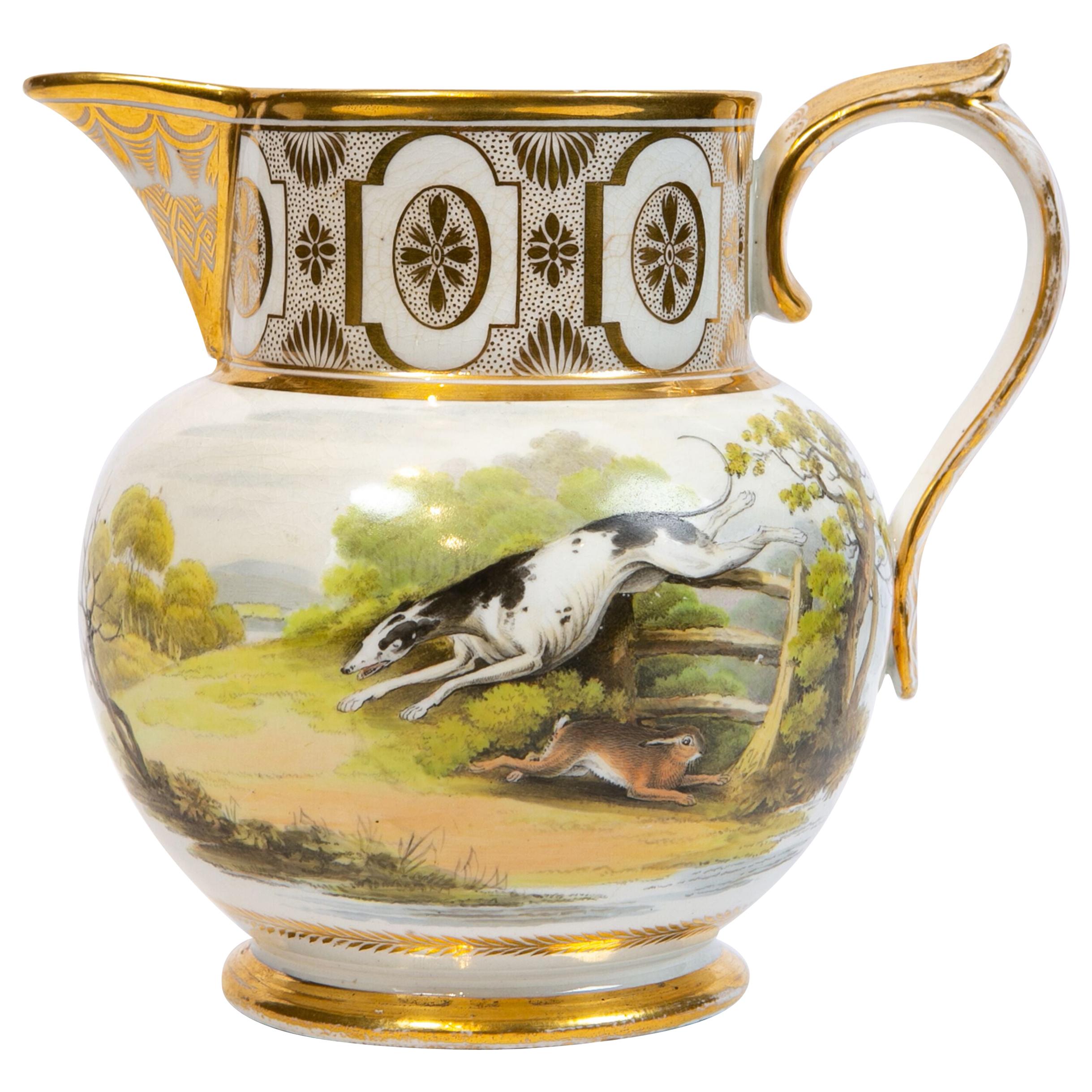  Antique Porcelain Pitcher Showing Hand Painted Hunt Scene England Circa 1825