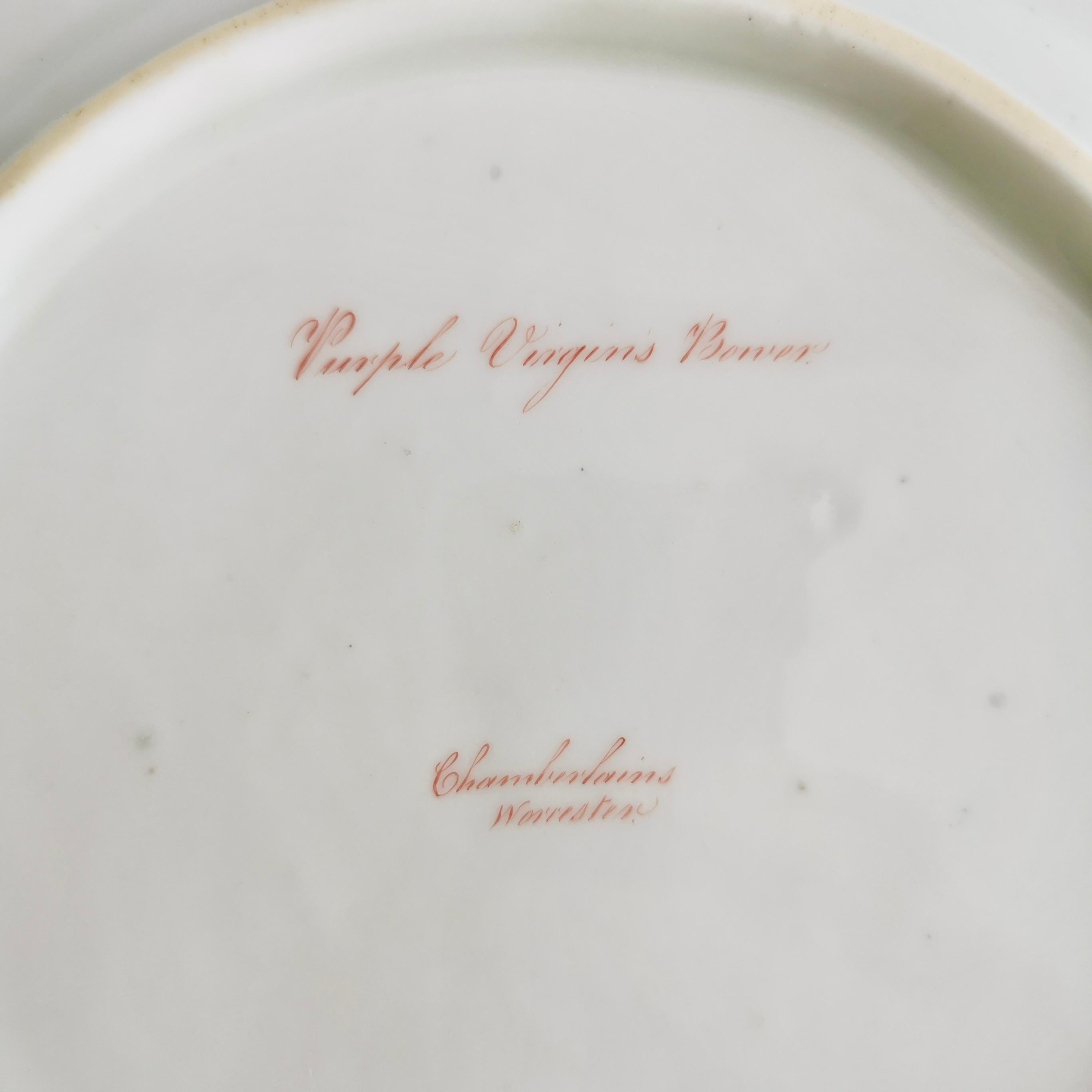 Chamberlains Worcester Plate, Named Purple Virgin's Bower, Regency ca 1820 7