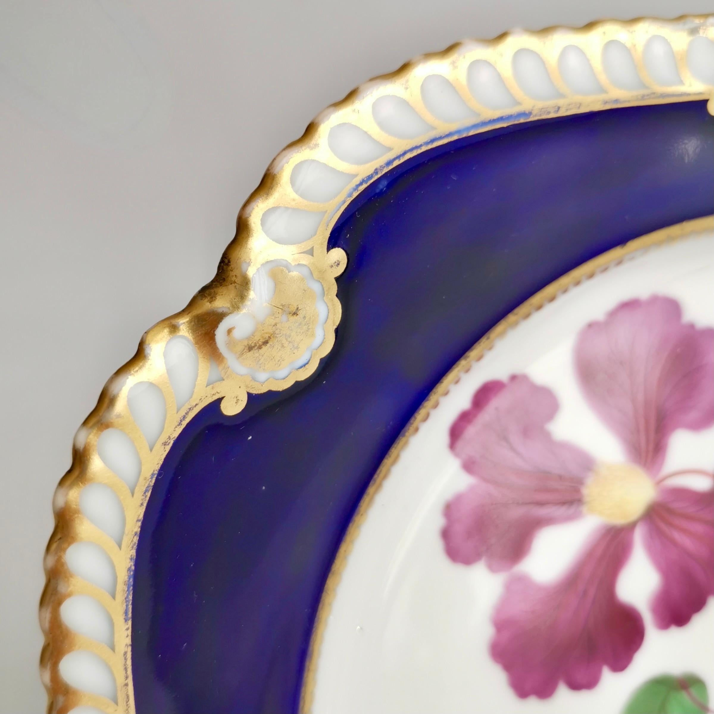 Porcelain Chamberlains Worcester Plate, Named Purple Virgin's Bower, Regency ca 1820