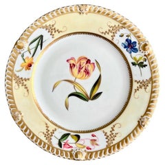 Antique Chamberlains Worcester Plate, Yellow with Tulip and Flower Reserves, 1815-1820