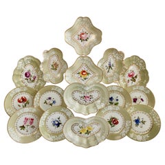 Antique Chamberlains Worcester Porcelain Dessert Service, Sage Green, Flowers, 1816-1820