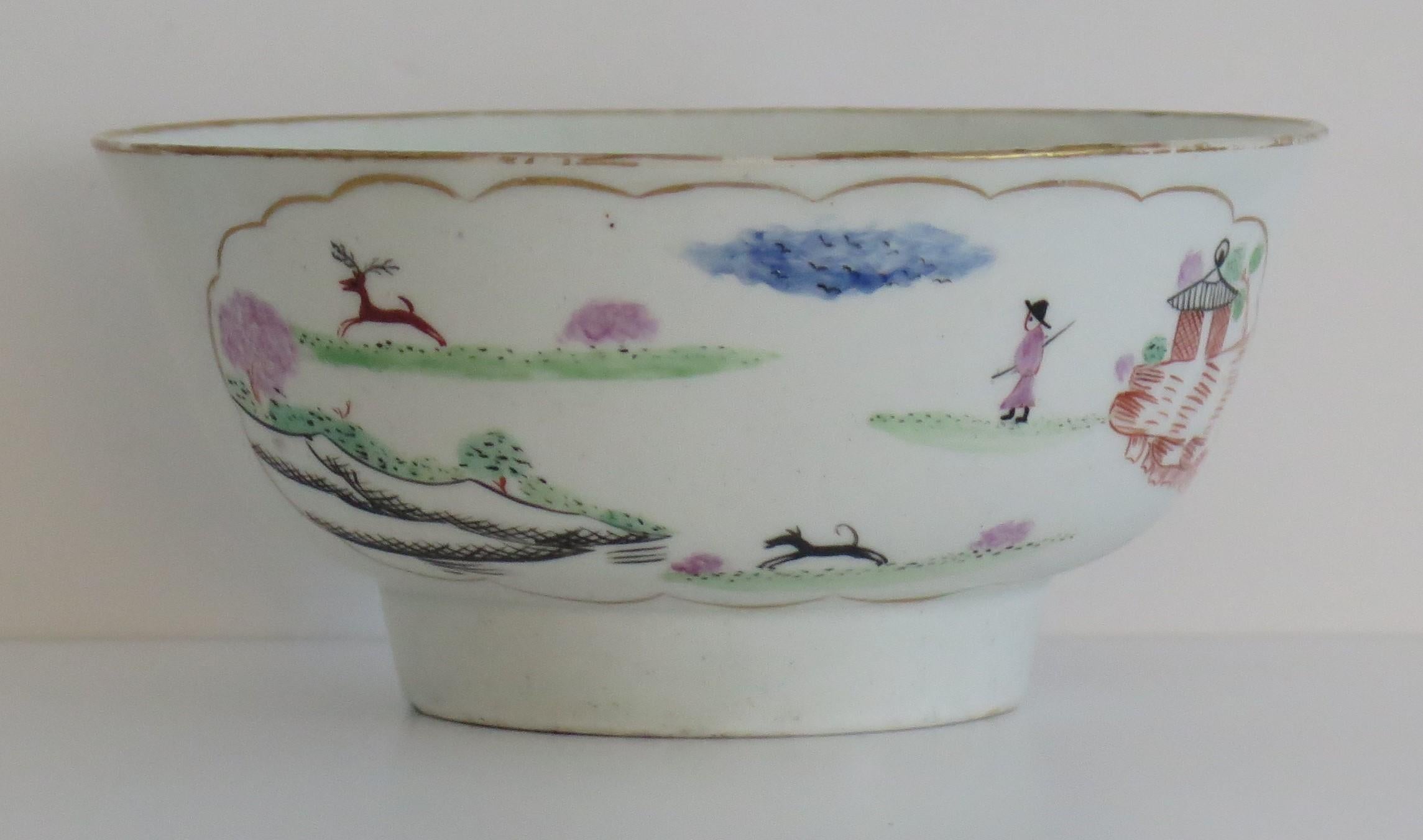 This is a fine porcelain Slop Bowl, beautifully hand painted in the Stag Hunt pattern and made by Chamberlains Worcester, at the end of the 18th Century, circa 1792.

The circular bowl is well potted with a slightly everted rim and a fairly high