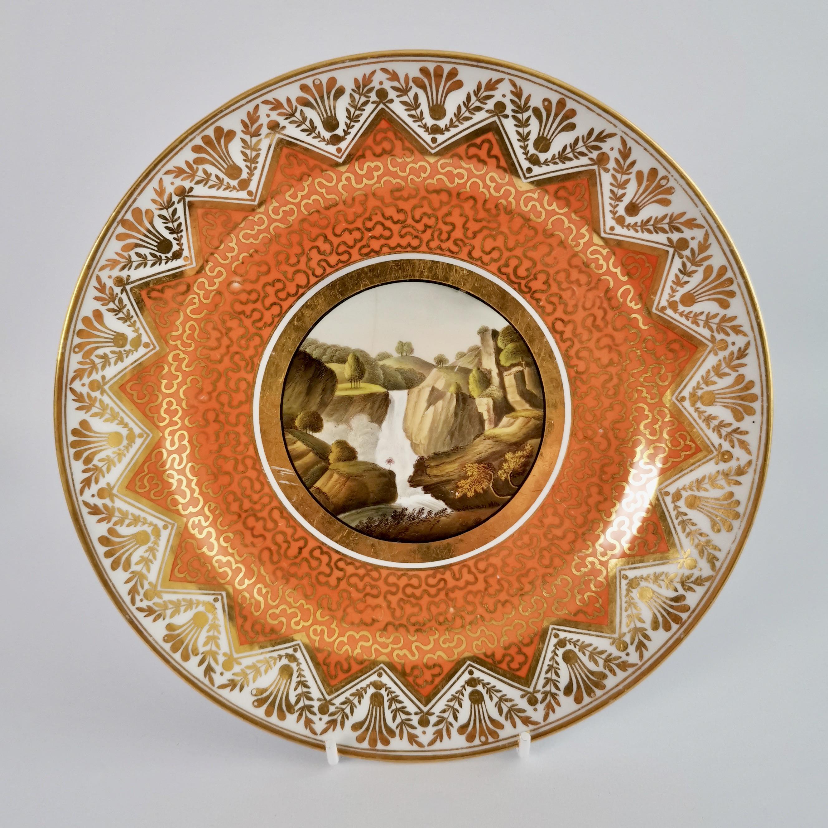 English Chamberlains Worcester Set of Plates, Orange, Paintings by H. Chamberlain, 1815