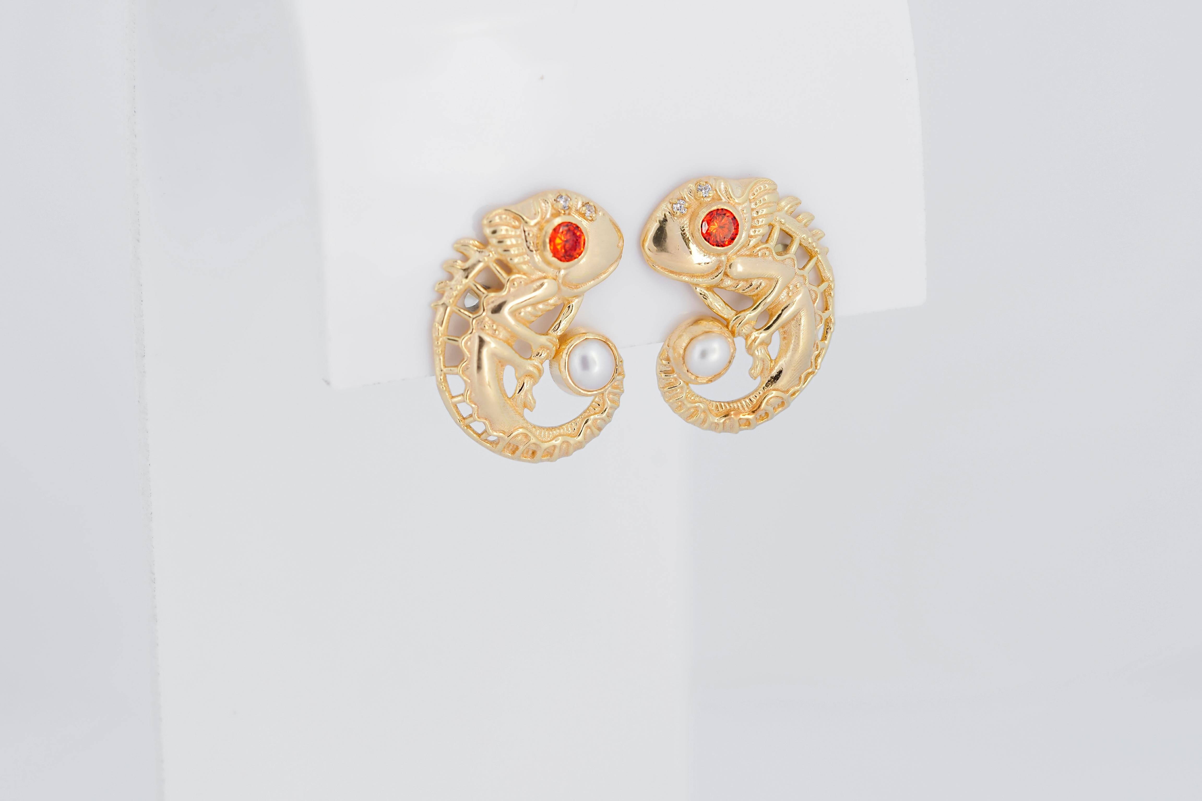 Chameleon earrings studs 14k Gold.  For Sale 3
