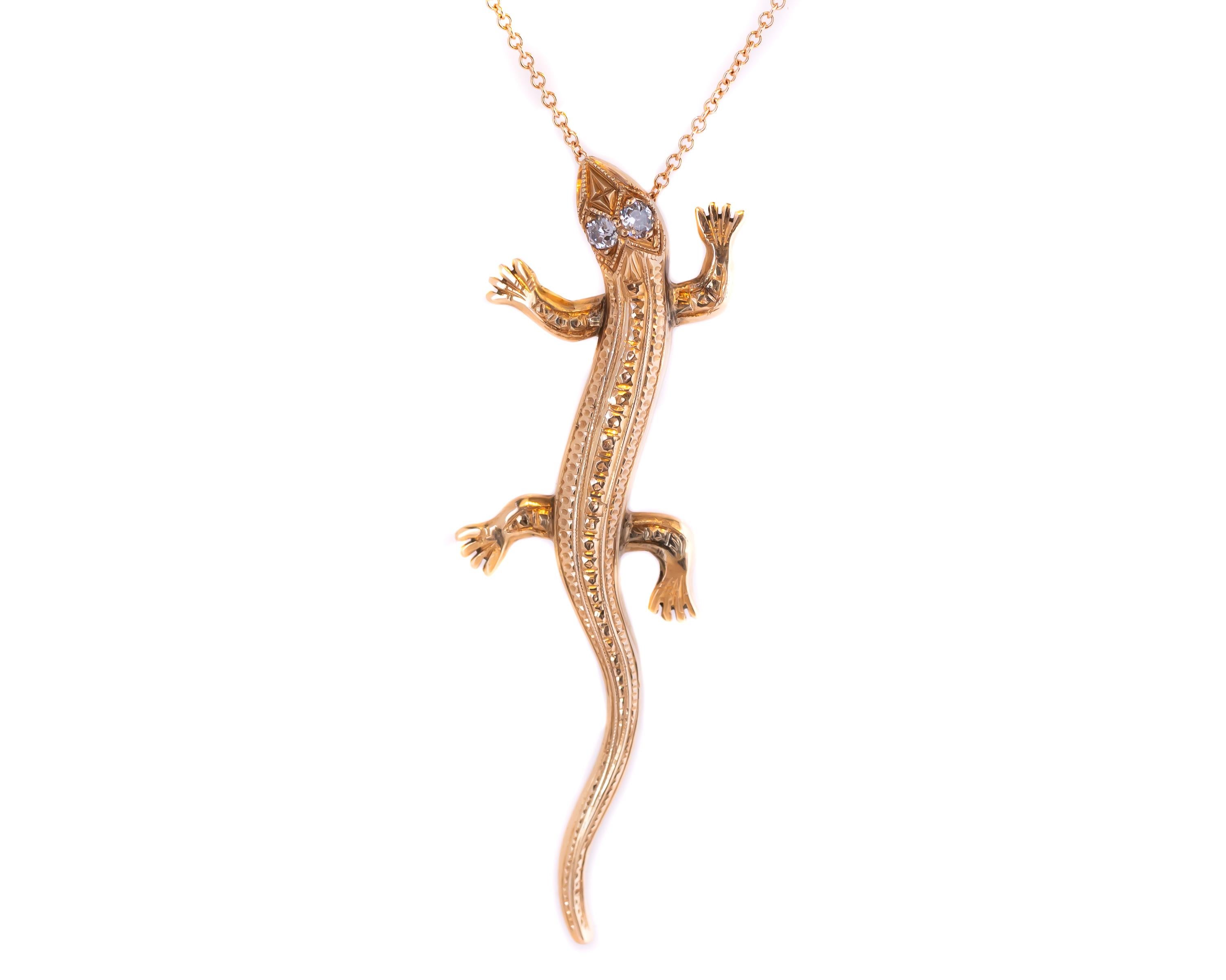 Vintage Chameleon Necklace crafted in 18 karat Rose Gold and Diamonds

Features:
2 Old Mine Cushion cut Diamonds and 18 karat Rose Gold Chameleon Pendant with 2 Diamond Eyes. The upper surface of the pendant is embellished with simple, elegant
