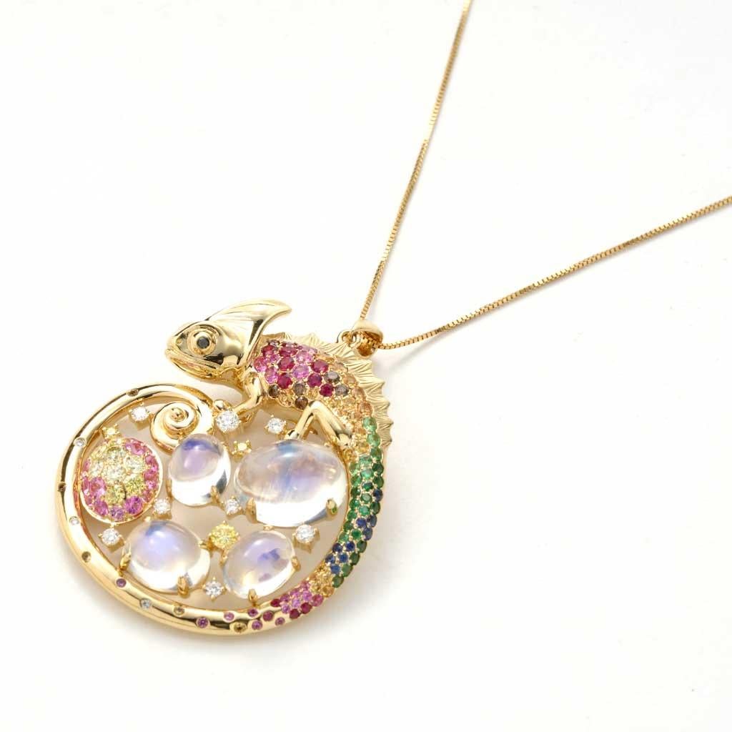 Ciondolo Camaleonte 12 pietre lunari CTTW con gemme e diamanti multicolori in oro 18 carati in vendita 2