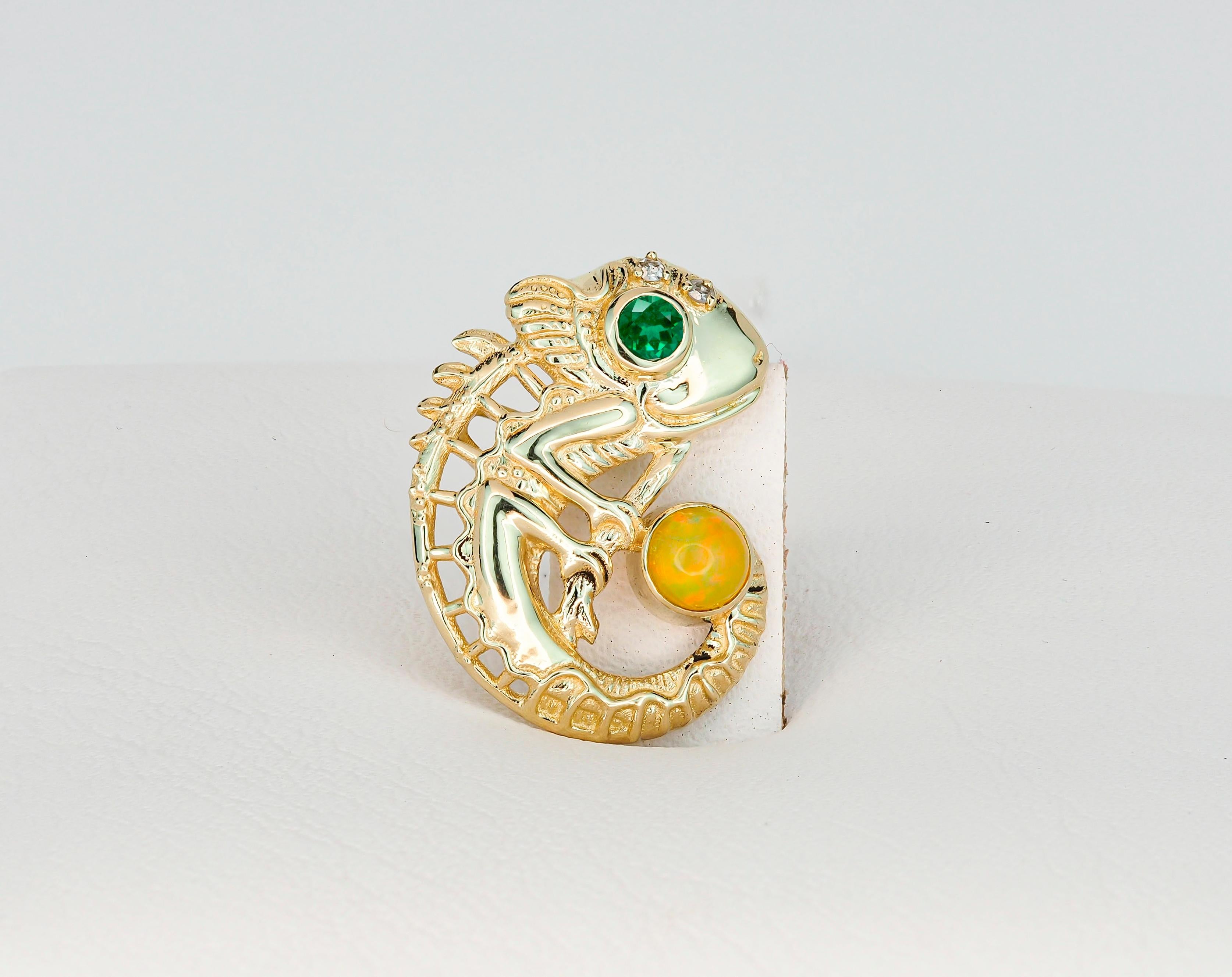 Cabochon Chameleon pendant with opal, emerald and diamonds in 14k Gold.  For Sale
