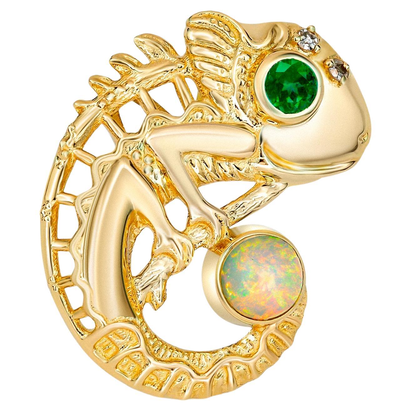 Chameleon pendant with opal, emerald and diamonds in 14k Gold.  For Sale