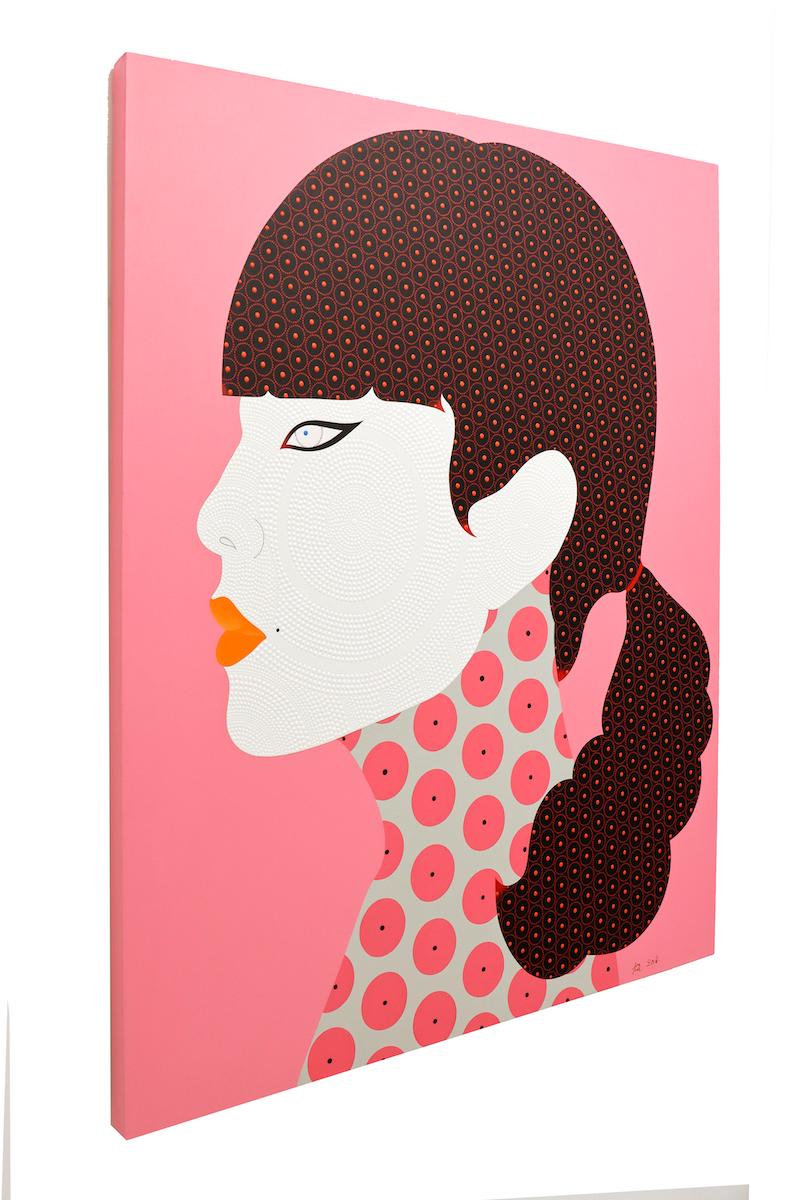 Berjit - Contemporary, woman portrait, acrylic, dot, pop art, pink, brown  For Sale 1