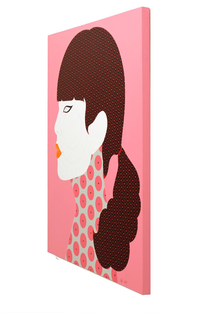 Berjit - Contemporary, woman portrait, acrylic, dot, pop art, pink, brown  For Sale 2