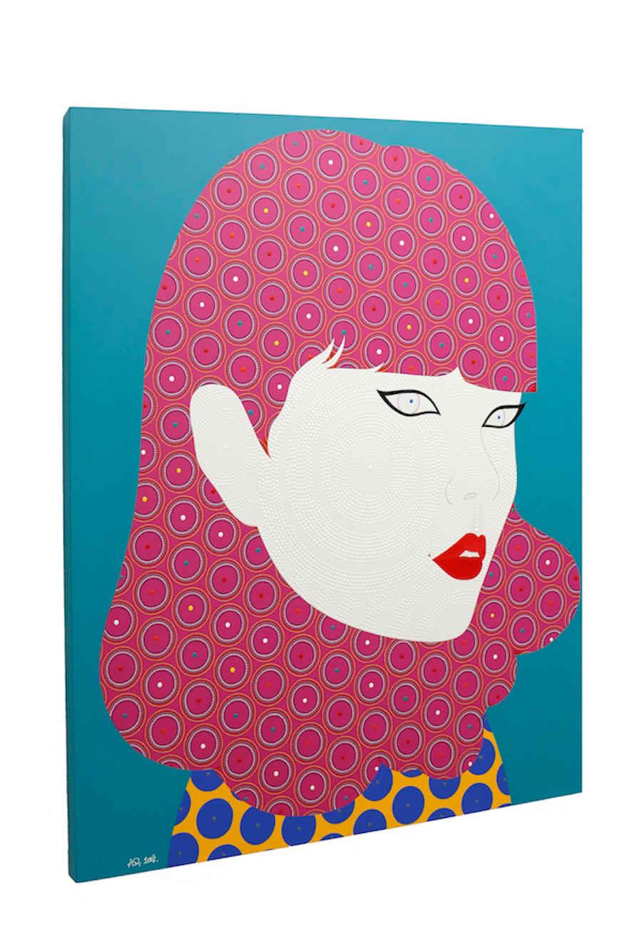 Carin - Contemporary, woman portrait, acrylic, dot, pop art, pink, turquoise  - Pink Portrait Painting by Chamnan Chongpaiboon
