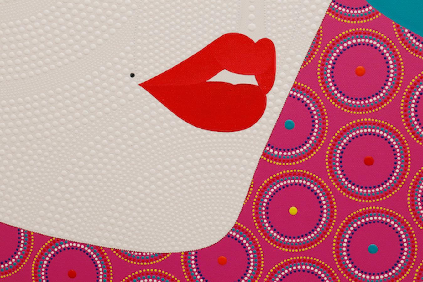 Textural free hand dot painting of woman portrait in pop style with red bold lips, titled “Carin