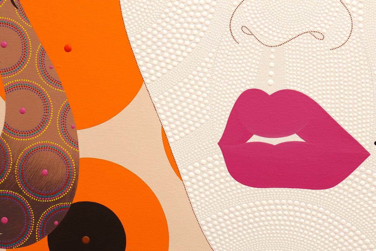 Textural free hand dot painting of woman portrait in pop style with pink bold lips, titled “Chiyo” sized 39