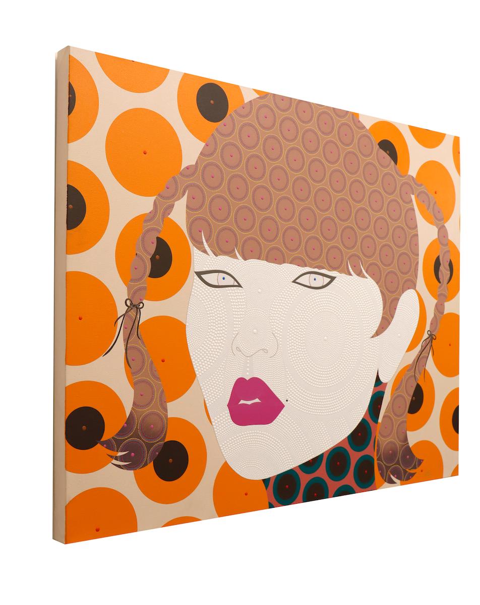 Chiyo - Contemporary, asian woman portrait, acrylic, dot, pop art, orange For Sale 1