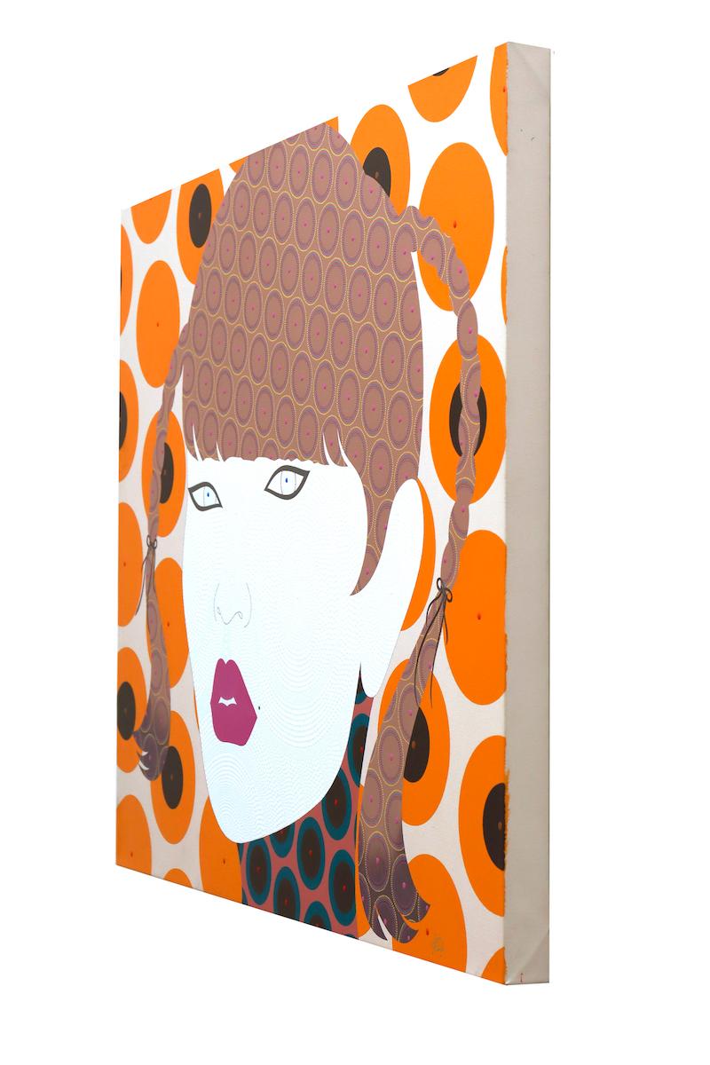 Chiyo - Contemporary, asian woman portrait, acrylic, dot, pop art, orange For Sale 2