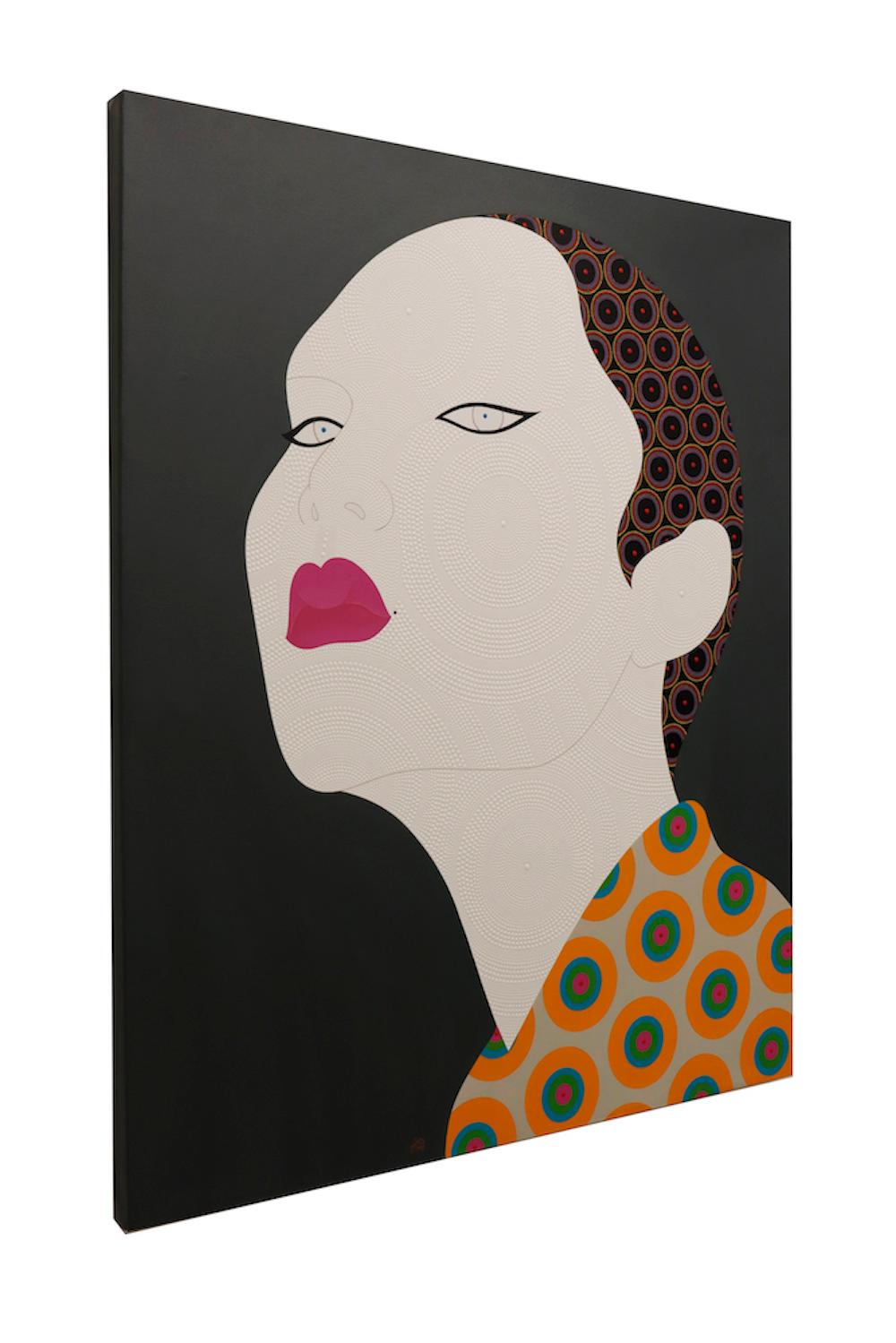 Textural free hand dot painting of woman portrait in pop style with orange bold lips, titled “Jytte