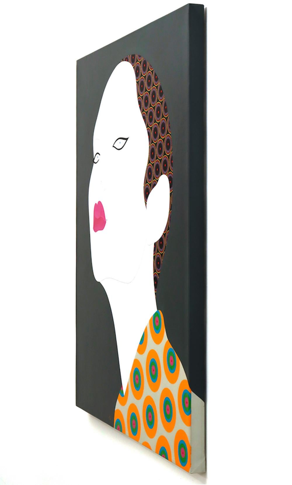 Etsu - Contemporary, woman portrait, acrylic, dot, pop art, dark green, asian  For Sale 1