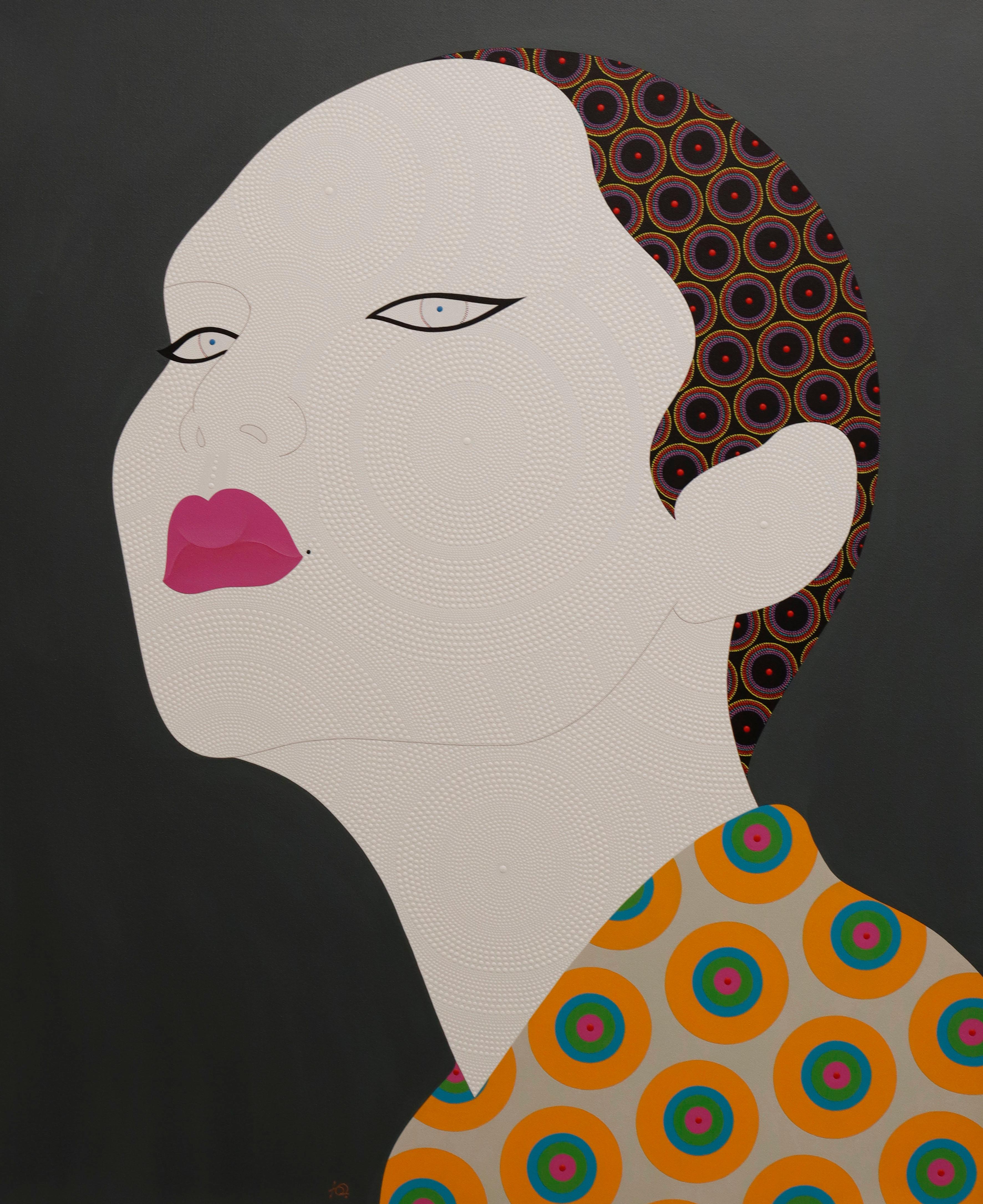 Chamnan Chongpaiboon Portrait Painting - Etsu - Contemporary, woman portrait, acrylic, dot, pop art, dark green, asian 