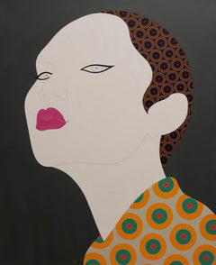 Etsu - Contemporary, woman portrait, acrylic, dot, pop art, dark green, asian 