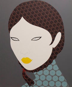 Jedda - Contemporary, asian woman portrait, acrylic, dot, pop art, grey, brown