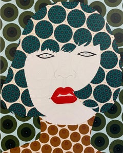 Jona - Contemporary, asian woman portrait, acrylic, dot, pop art, green, red